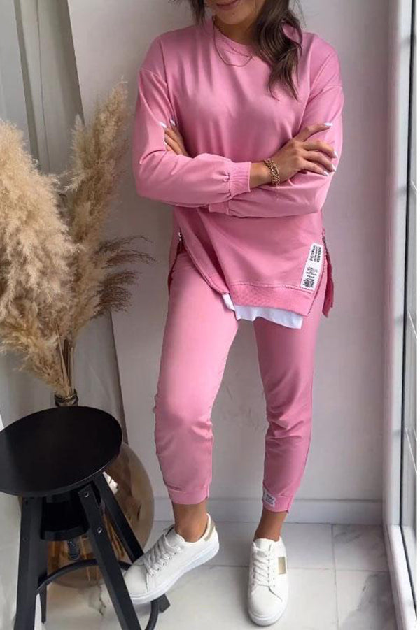 Solid Color Round Neck Long Sleeve Sweatshirt & Elastic Waist Pants Set - Women's Casual Loungewear for Home, Yoga, and Everyday Wear