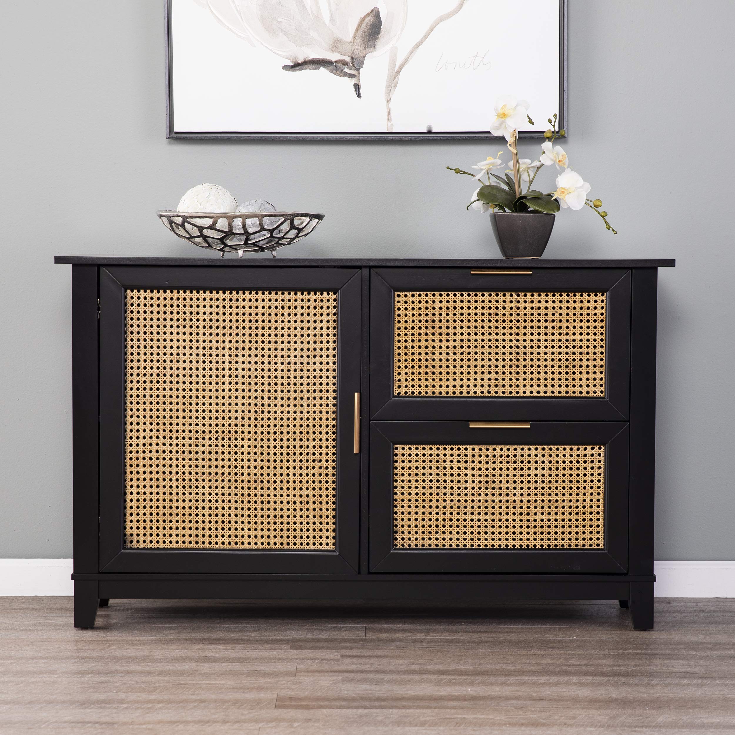 SEI Furniture Chekshire Anywhere Storage Cane Cabinet with Details - Black | Perfect for Living Room, Bedroom & Office Organization