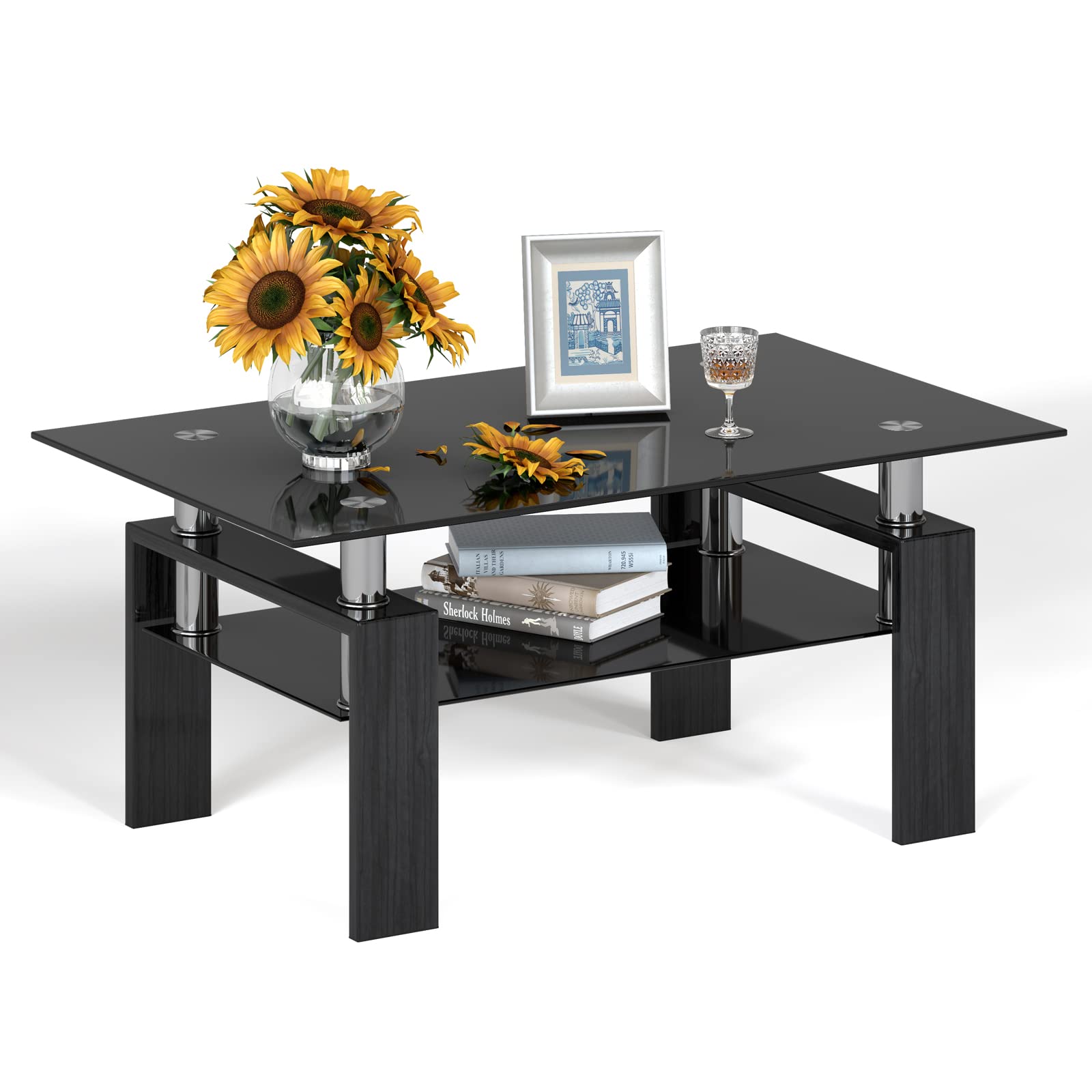 Tangkula Modern Rectangular Glass Coffee Table with Lower Shelf - Tempered Glass Top & Sturdy Metal Legs - All Black - Perfect for Living Room, Office, and Lounge Areas