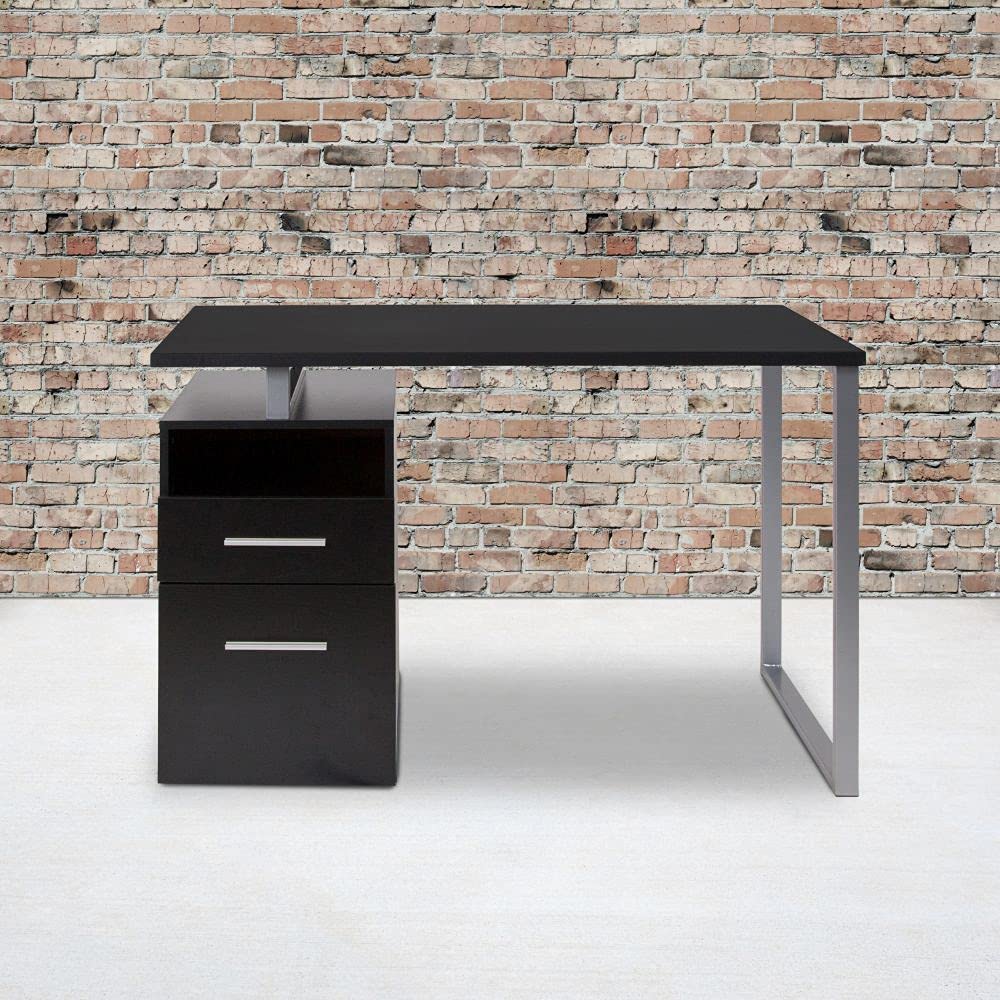 Flash Furniture Harwood Dark Ash Wood Grain Finish Computer Desk with Two Drawers & Silver Metal Frame - Home Office, Study, Gaming & Workspace Solution