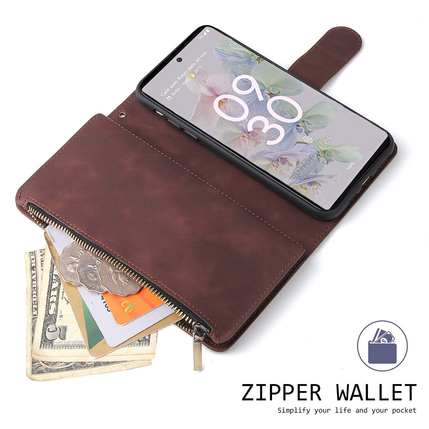 **Google Pixel 7 Pro Magnetic Leather Wallet Case – 6-Card Holder, Hand Strap & Zipper Pocket – Shockproof Flip Cover with Stand for Men & Women (Coffee) – Perfect for Travel, Work & Daily Use**