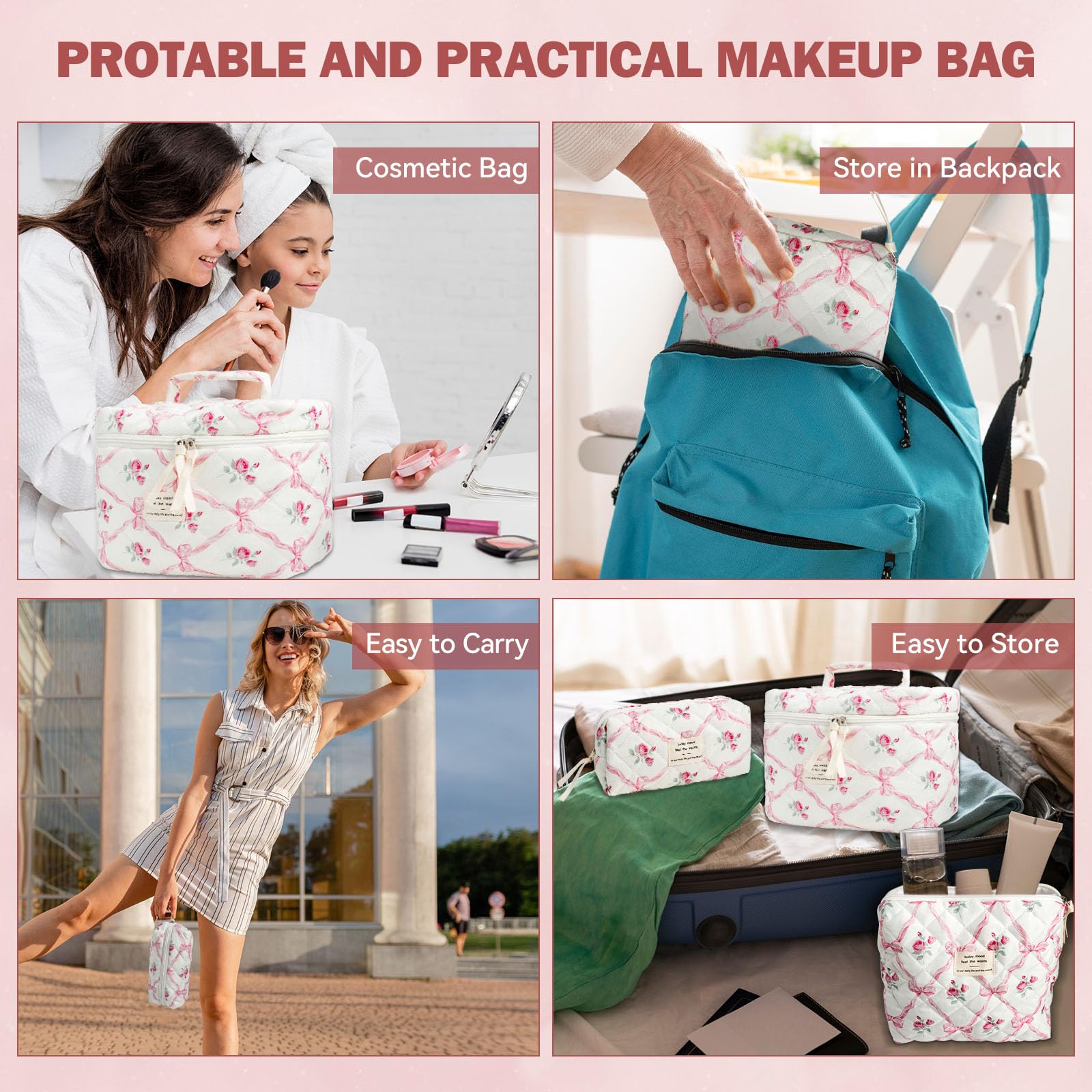 3 PCS Floral Pink Bow Makeup Bag Set - Quilted Cosmetic Organizer for Women & Girls, Large Cotton Travel Toiletry Bag with Pink Flower Design | Perfect for Travel, Gym, and Daily Beauty Storage