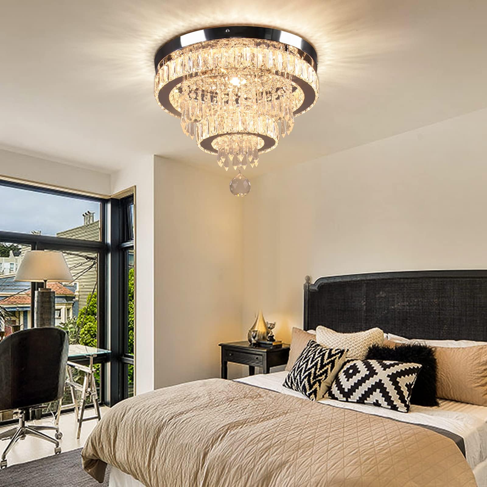 Modern Crystal Chandelier Flush Mount Ceiling Light - 16 Inch Dimmable LED Lighting Fixture with Remote Control for Bedroom, Dining Room, Living Room - Elegant Home Decor & Wedding Venue Lighting