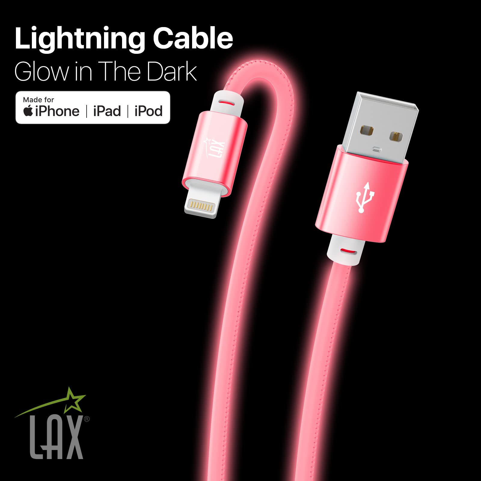 Glow in The Dark USB A to Lightning Cable 10ft - Fast Charging Cable for iPhone, iPad, iPod - Pink Apple MFi Certified Lightning Cable for All Apple Devices - Perfect for Night Use, Travel, and Home Charging