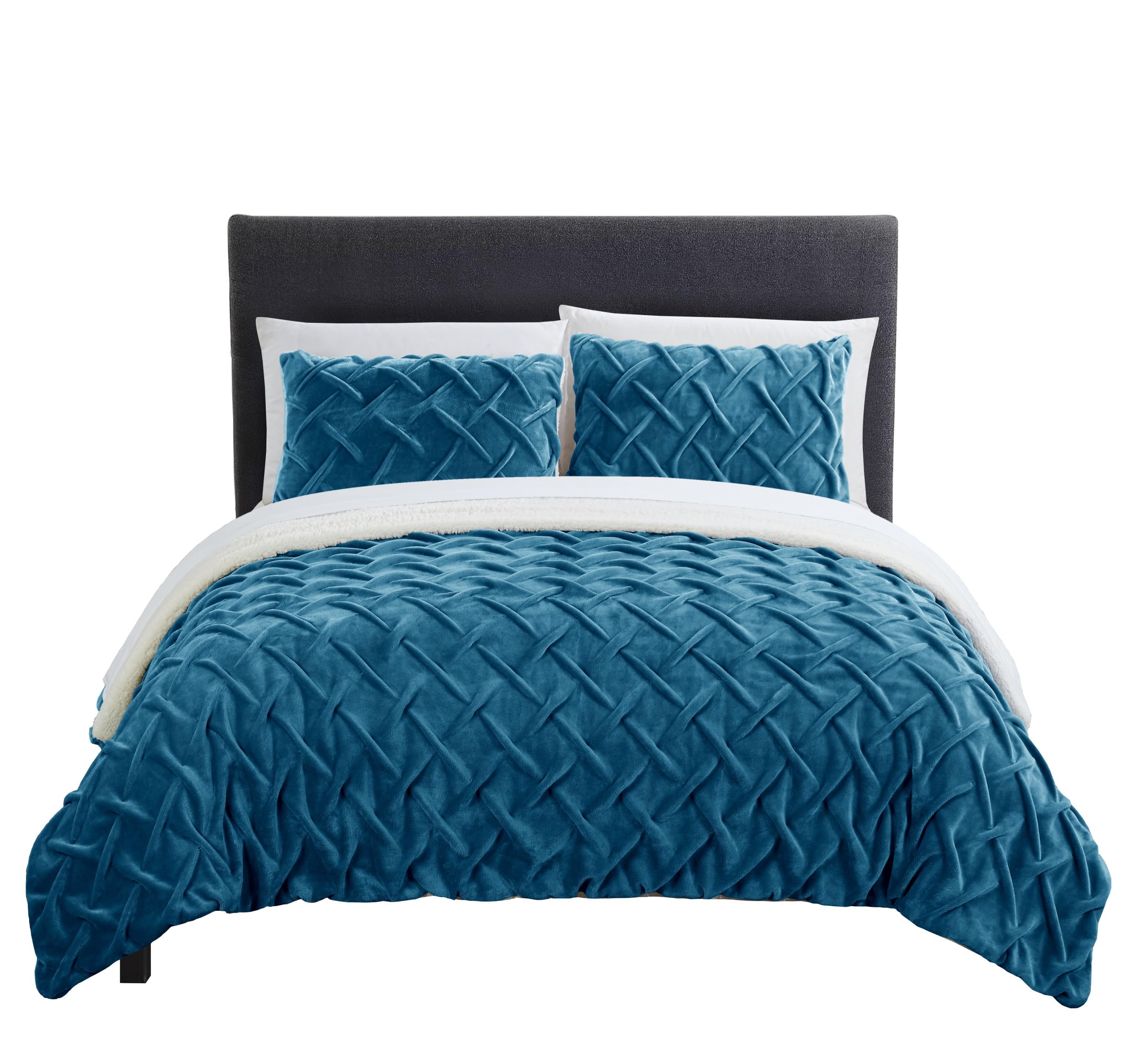 Luxury Naama Comforter Set - Ultra Soft Micro Mink & Sherpa Lined Bedding with Criss Cross Pinch Pleat Design - Includes Decorative Pillow Shams - Queen Size - Teal Blue - Perfect for Master Bedroom, Guest Room & Cozy Winter Nights