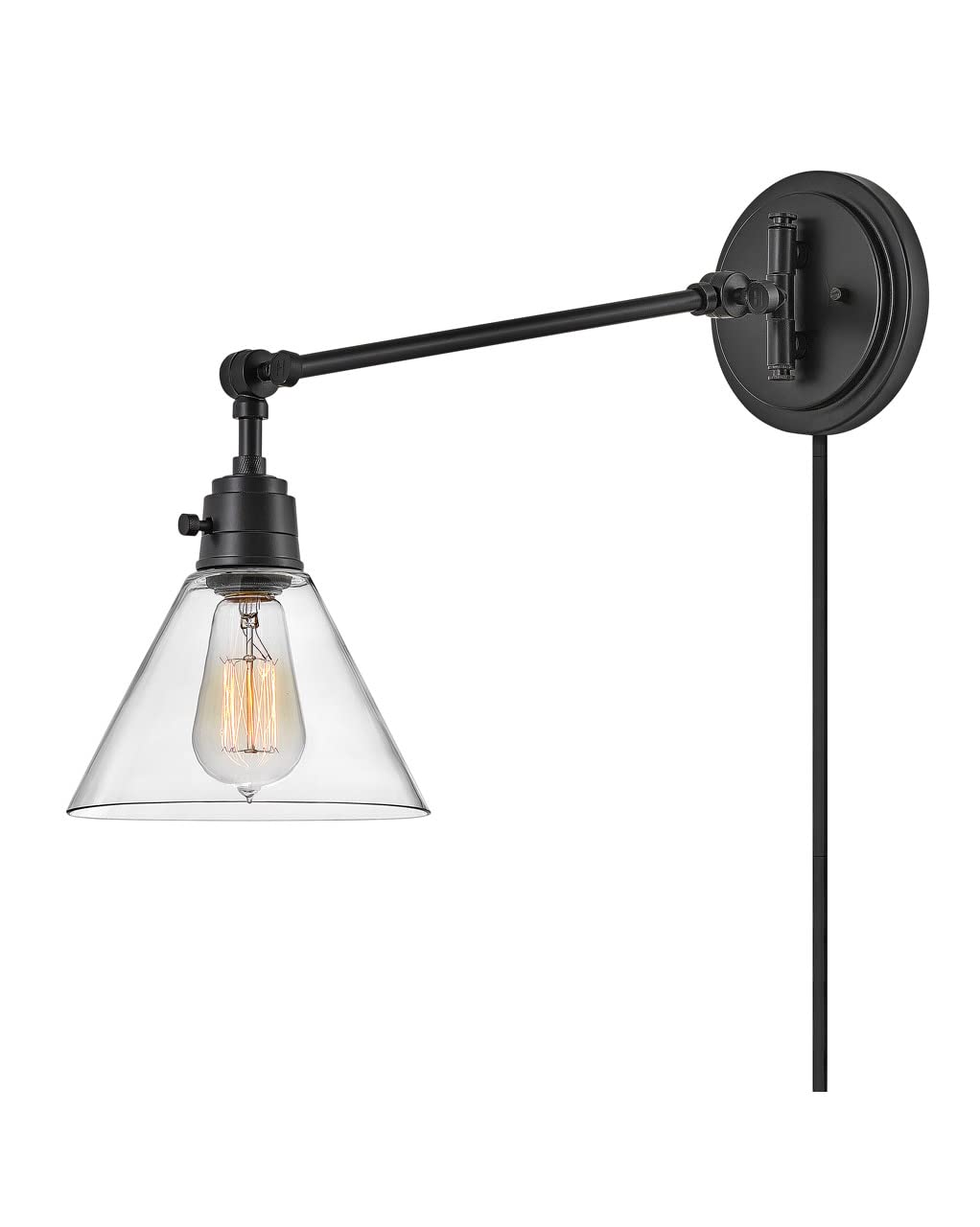Hinkley Arti 3690BK-CL Medium Articulating Single Light Wall Sconce with On/Off Switch - Black Clear Glass Shade, Adjustable Arm & Removable Fabric Cord - Perfect for Bedroom, Hallway or Entryway Lighting