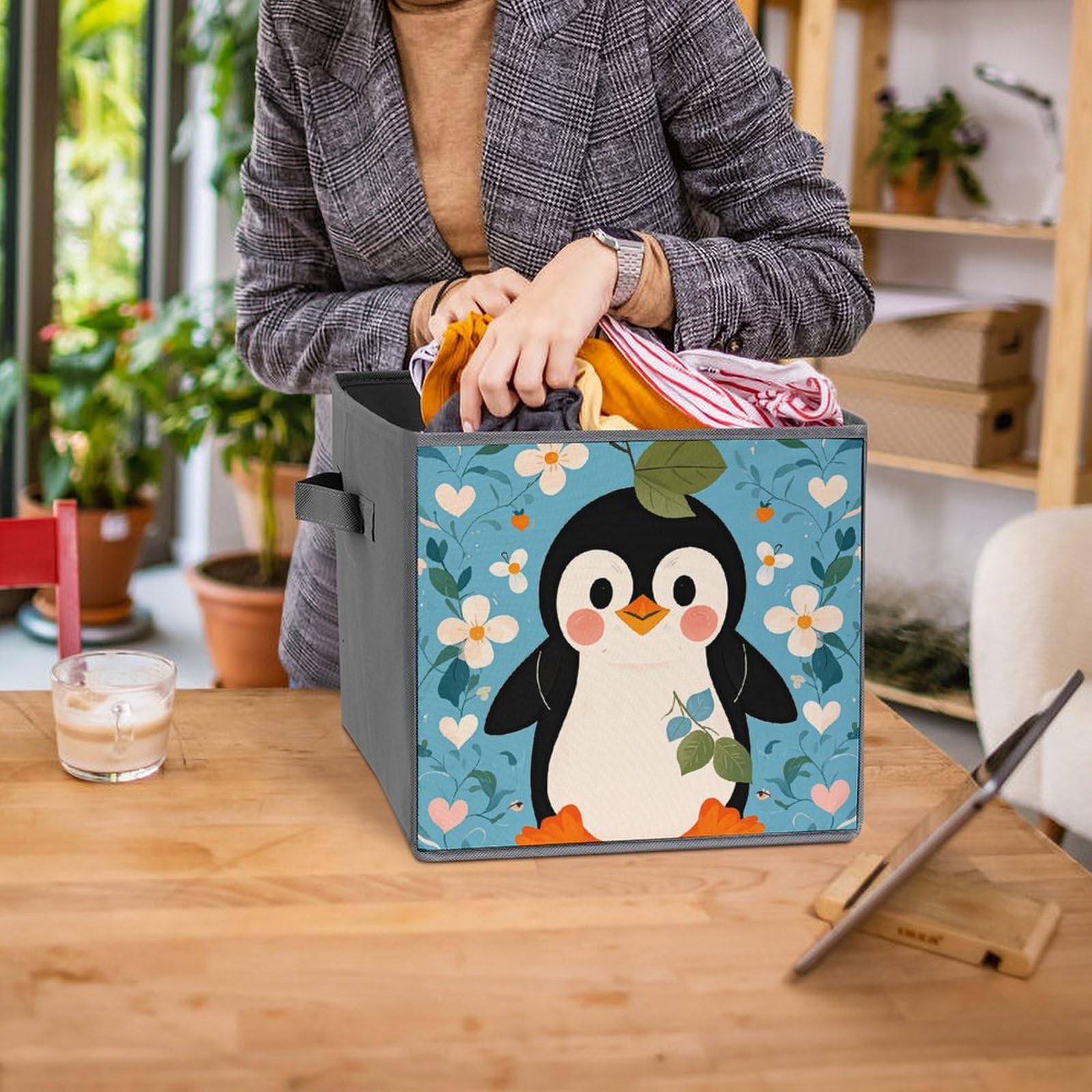 6PCS Collapsible Storage Bins with Handles - Cute Penguin Print Organizing Baskets for Shelves, Closet, Bathroom & Kids Room | Multi-Functional Foldable Storage Containers for Home Organization