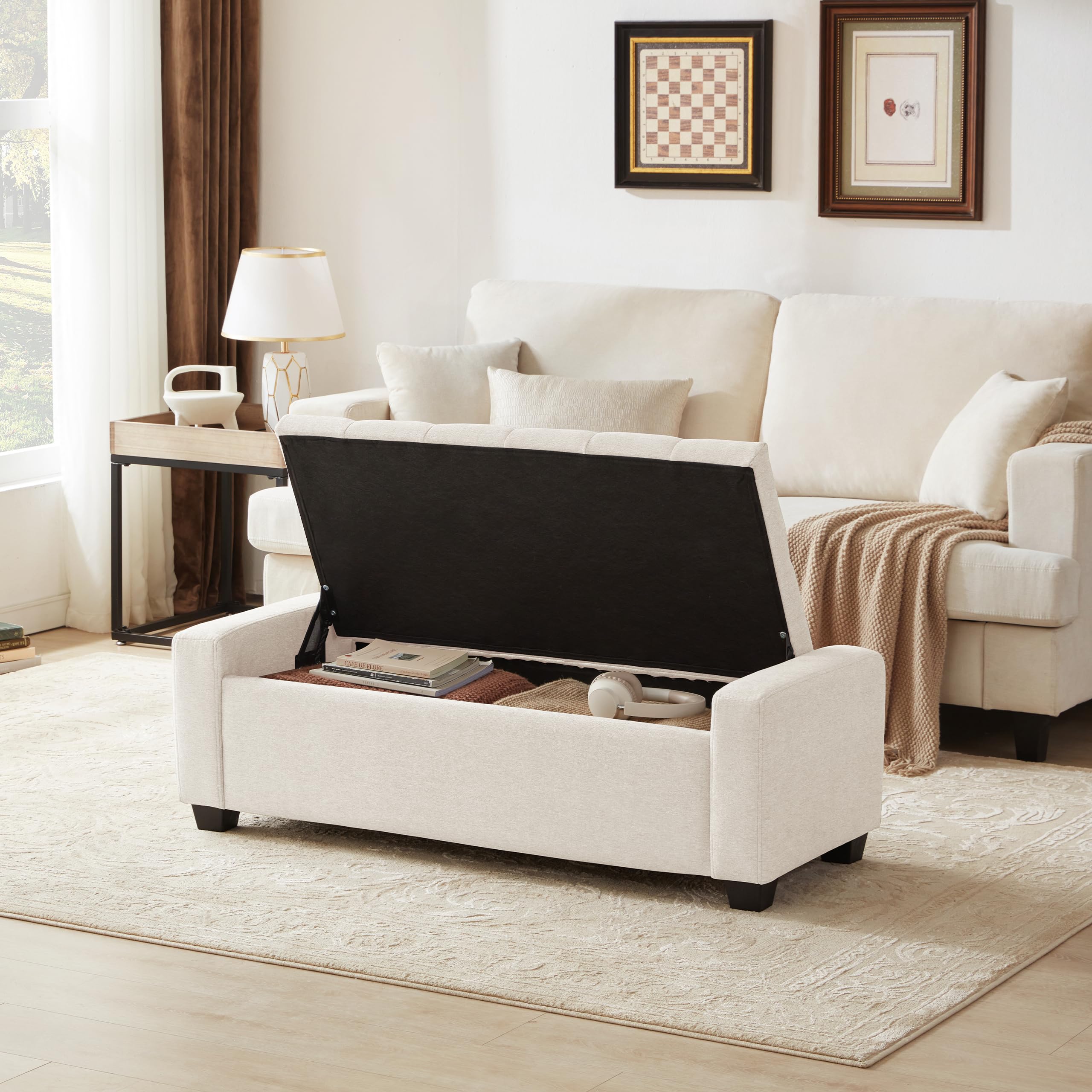 Upholstered Storage Ottoman Bench with Safety Hinge - 330 lb Capacity, Beige - Multi-Functional Seating & Storage Solution for Bedroom, Living Room, Entryway & Dorm