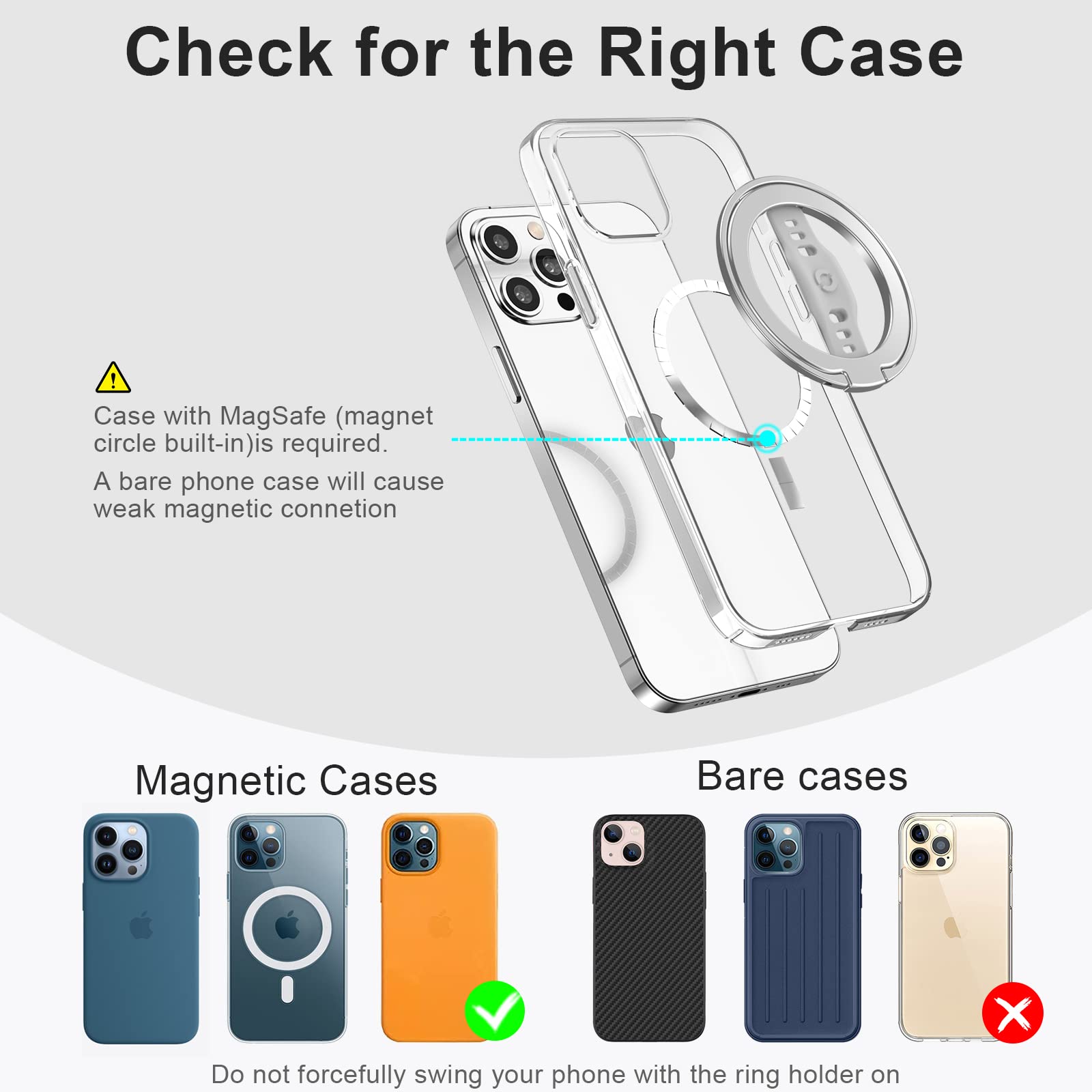 EWA MagOne Upgrade: MagSafe Phone Grip Stand with Silicone Finger Strap, Removable Magnetic Ring Holder & Kickstand Loop for iPhone 15, 14, 13 Pro/Max/Plus (Silver) - Perfect for Travel, Work & Everyday Use