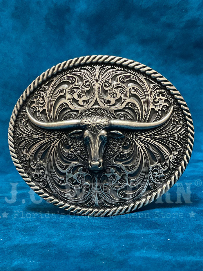 Montana Silversmiths 61028 Oval Longhorn Classic Antiqued Silver Belt Buckle for Men - Western Style Cowboy Accessory for Rodeo, Ranch & Country Fashion