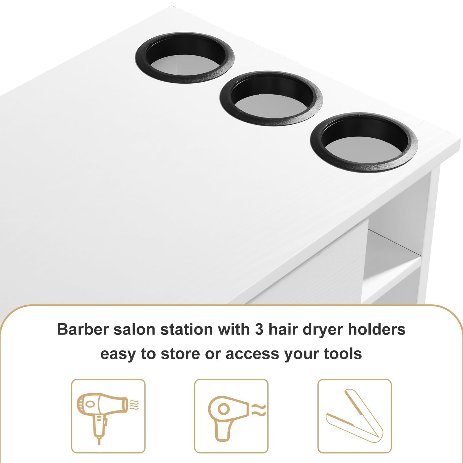 Professional Barber Station for Hair Stylists - Salon Wall Mount Cabinet with Hair Dryer Holder & Storage Drawers - White - Perfect for Home Salons, Barber Shops & Beauty Studios