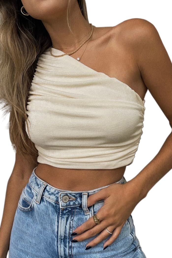 CHYRII Women's Sexy Sparkly One Shoulder Crop Top Sleeveless Ruched Tank Top for Club Party Night Out Summer Vacation Beachwear