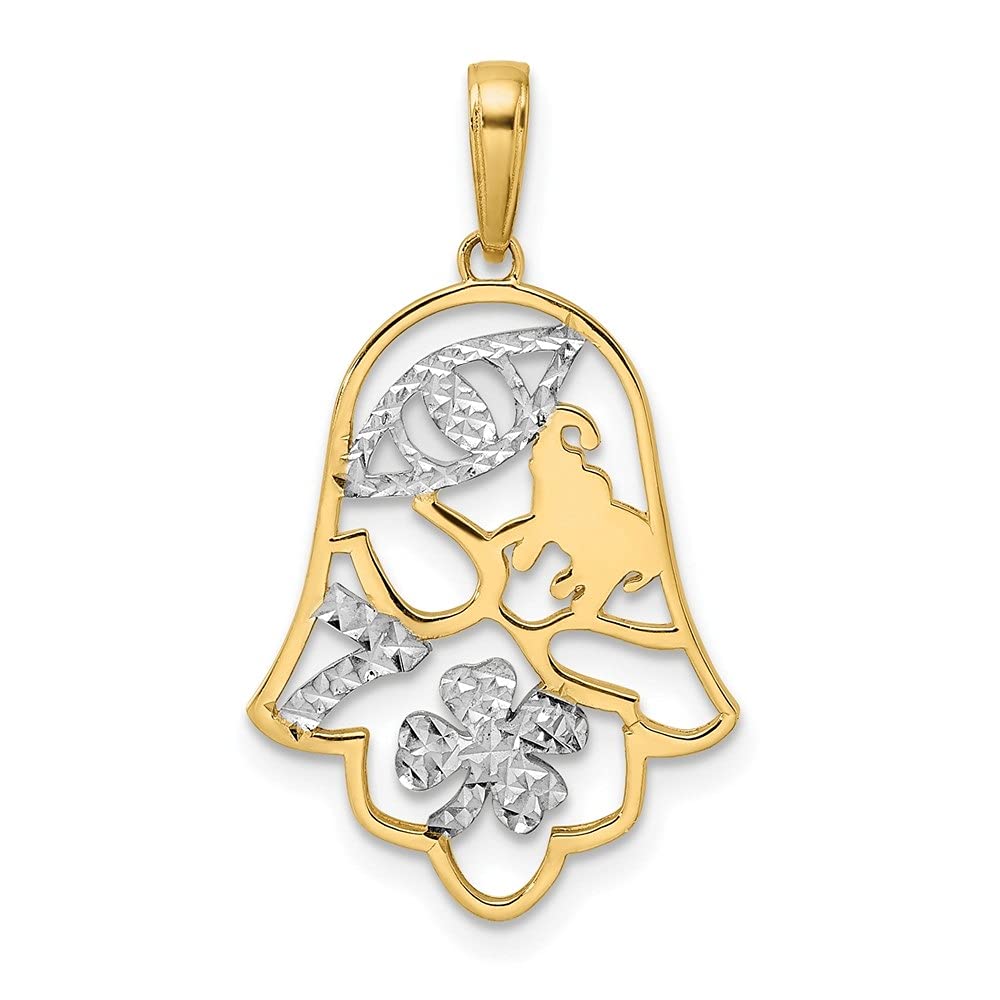 14K Yellow & White Rhodium Diamond-Cut Hamsa Pendant with Good Luck Symbols - 28.87mm x 16.5mm - Perfect for Spiritual Protection & Fashion Jewelry Gifts