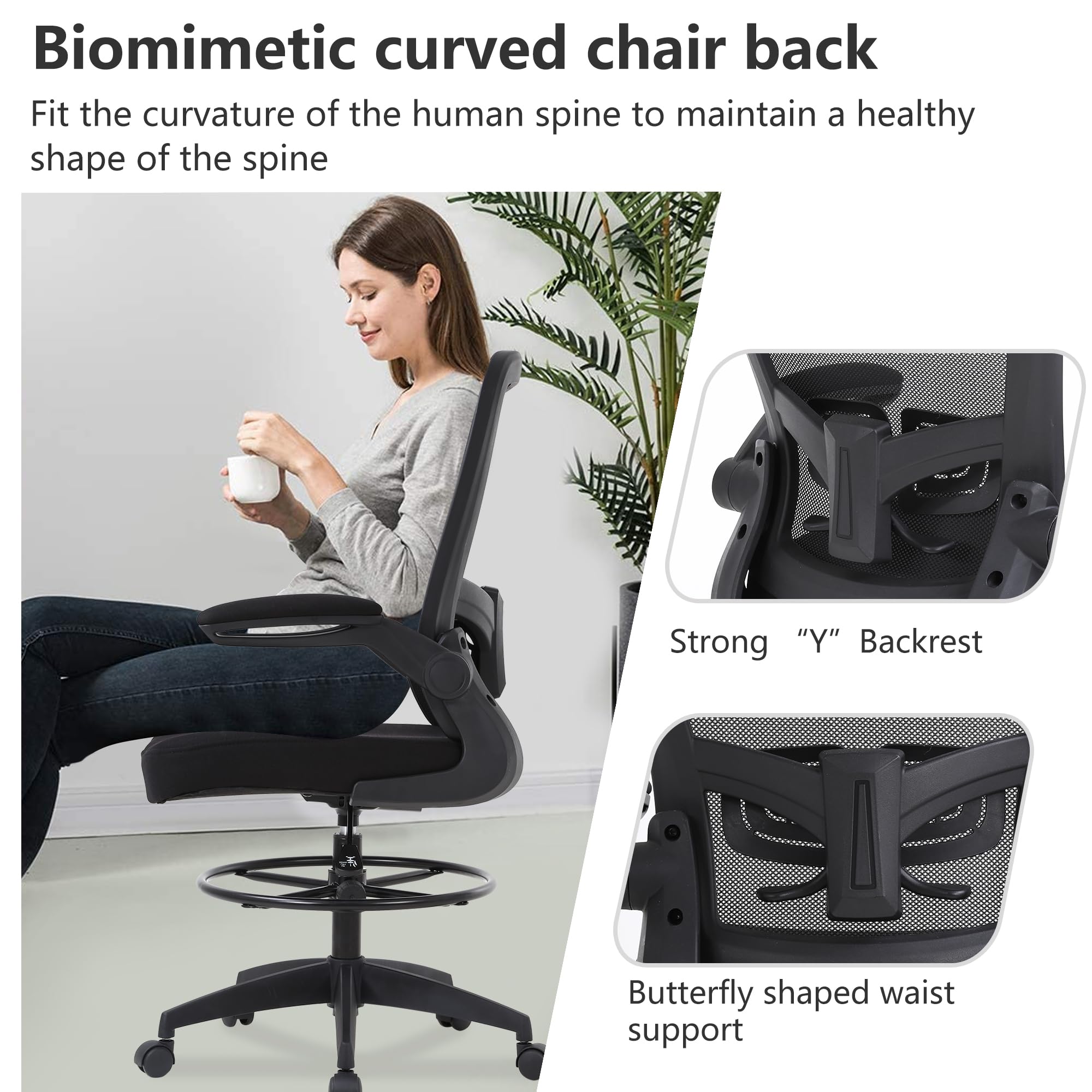 Ergonomic Drafting Chair - Adjustable Height Office Chair with Lumbar Support, Mesh Back & Footrest - Flip-Up Arms for Standing Desk or Computer Workstation - Perfect for Home Office, Architects & Designers (Black)