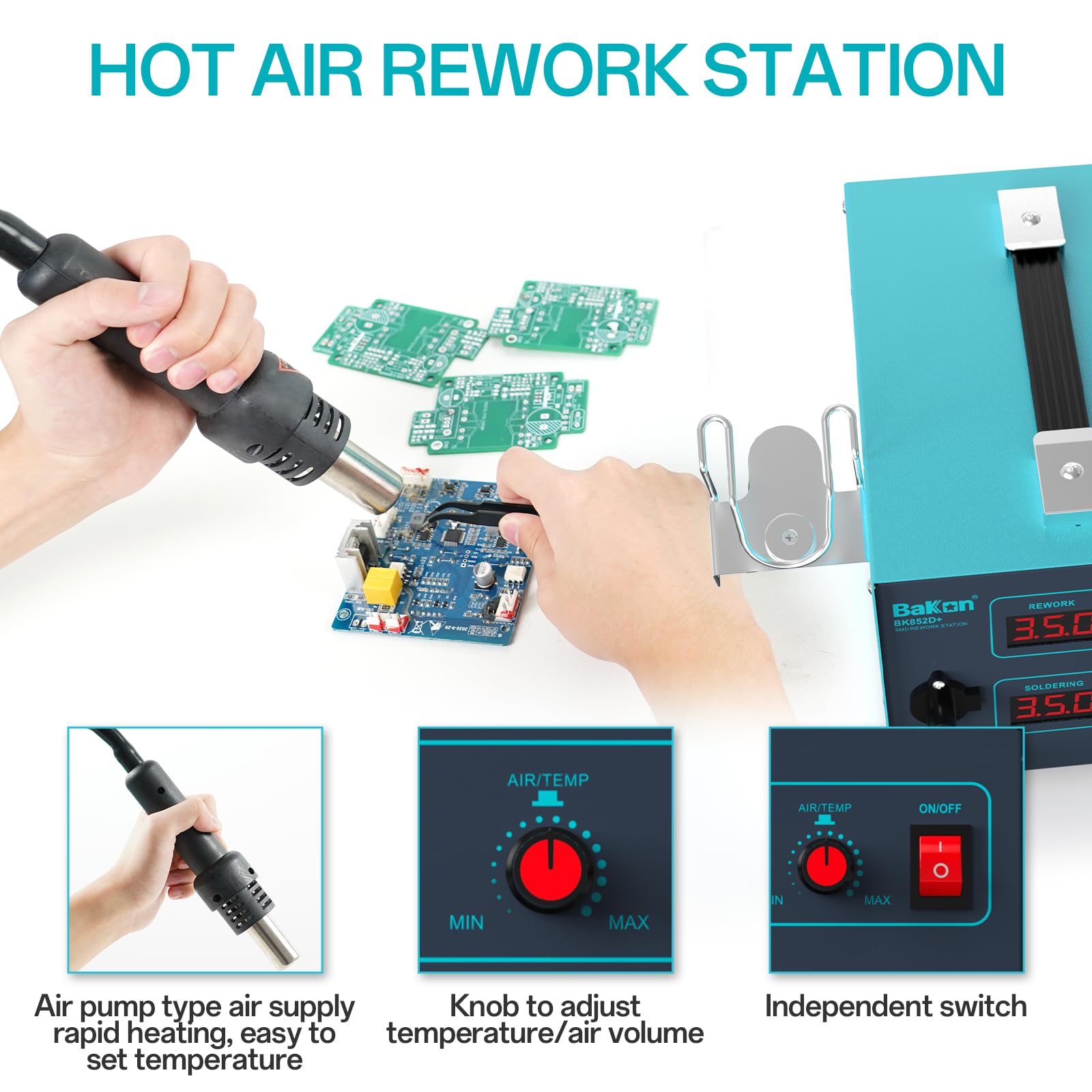 **BK852D+ 2-in-1 Heat Gun & Soldering Iron Kit – SMD Hot Air Rework Station with Digital Display & Adjustable Temperature – Perfect for Electronics Repair, DIY Projects, and PCB Soldering**