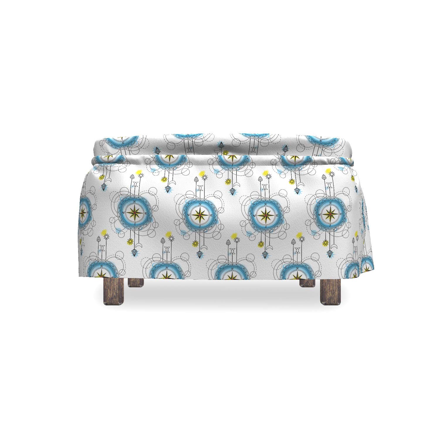 Ambesonne Tattoo Ottoman Cover Set - 2 Piece Aquarelle Compass Travel Design Slipcover with Ruffle Skirt for Square/Round Cube Footstool | Standard Size Blue Black Yellow | Home Decor Accent for Living Room, Bedroom & Office