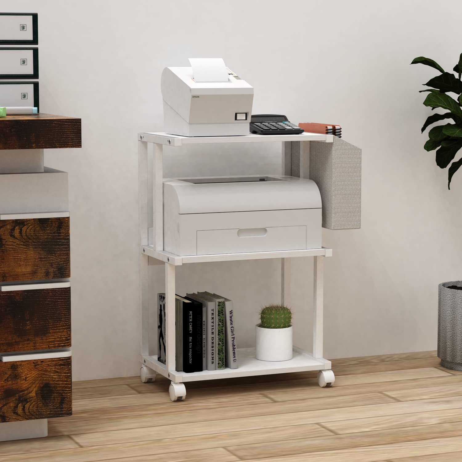 Ostreeful 3 Tier Printer Stand - Modern White Wooden Mobile Printer Shelf with Storage, Home Office Desk Organizer for Printer, Scanner & Supplies | Perfect for Small Spaces in Office, Bedroom or Kitchen