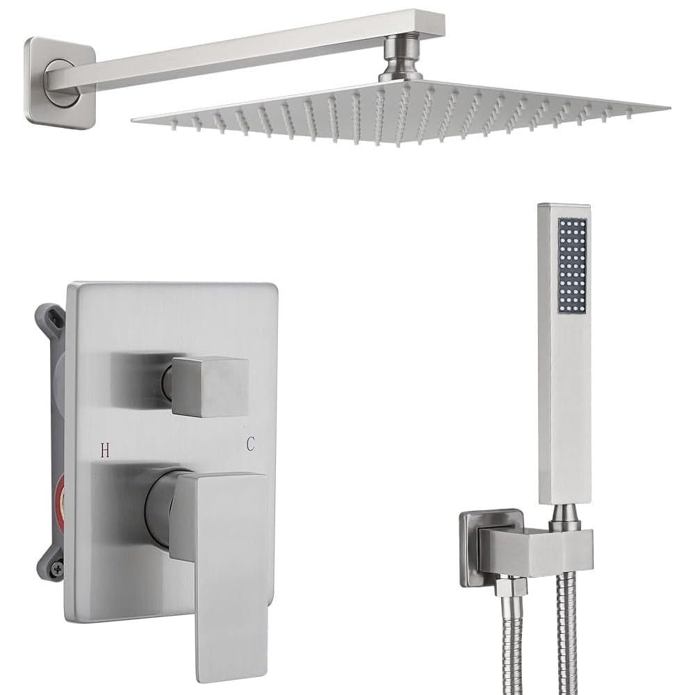 Luxury Brushed Nickel Rain Shower Combo Set - Wall Mounted Rainfall Shower Head System with Faucet, Rough-in Valve & Trim Kit | Perfect for Modern Bathroom Renovation & Spa-like Shower Experience