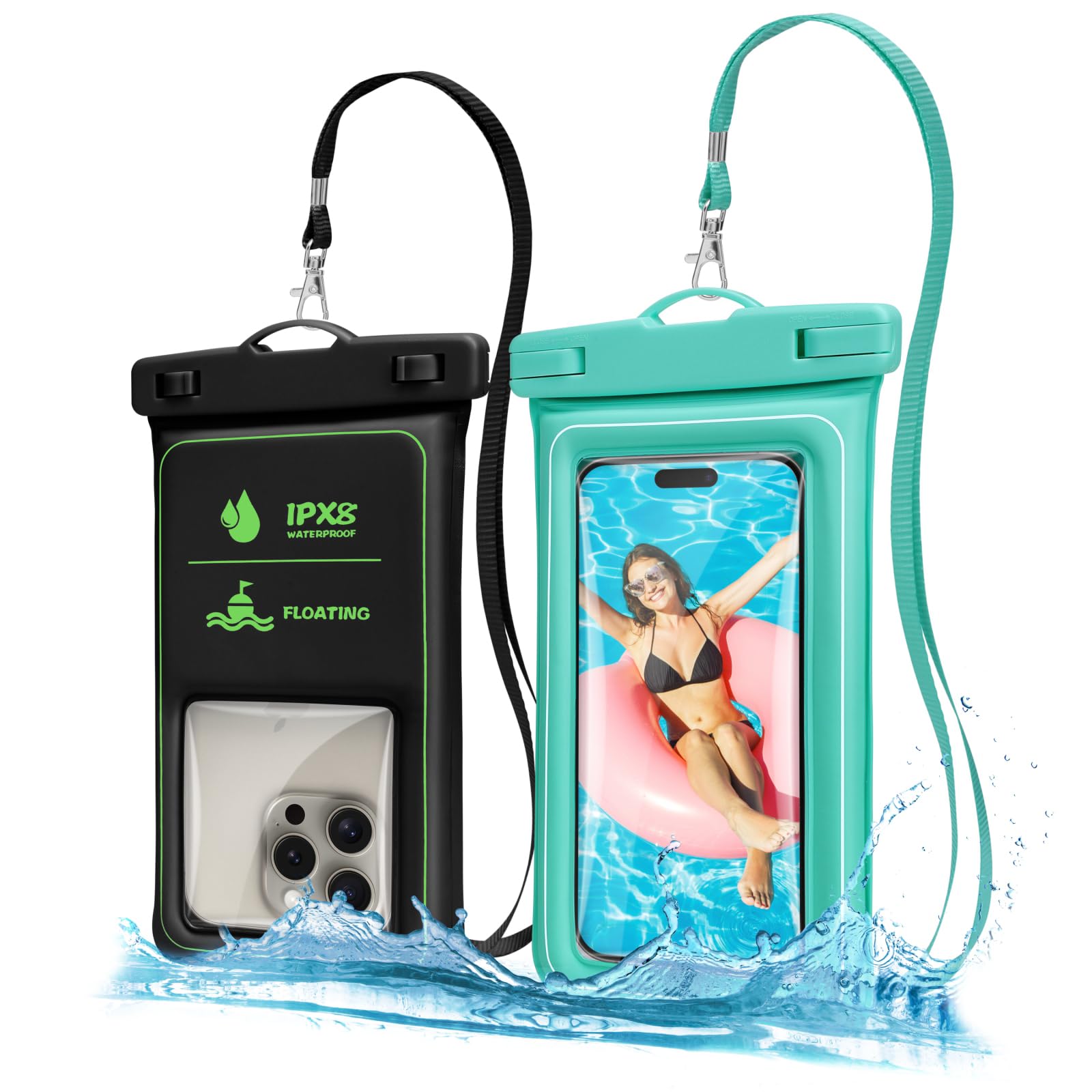 **F-color IPX8 Waterproof Phone Pouch – Floating Phone Case with Sponge Air Cushion (2 Pack) – Waterproof Phone Bag for iPhone Up to 7