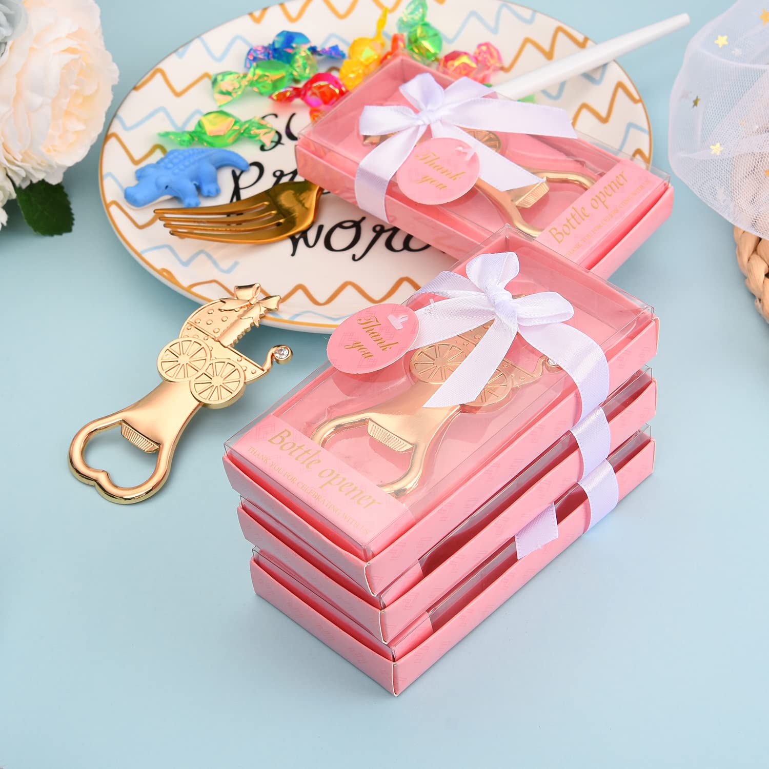 24-Pack Baby Shower Bottle Openers - Carriage Shape Gift Box for Party Favors & Decor