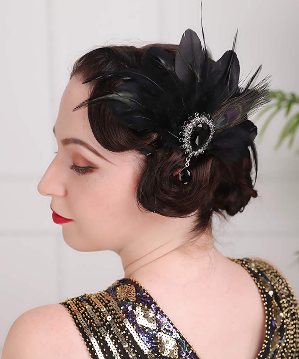 1920s Flapper Feather Hair Clip with Crystal Head Chain - Vintage Roaring 20s Headpiece for Costume Party, Masquerade Ball, Gatsby Themed Events & Halloween Hair Jewelry Accessories