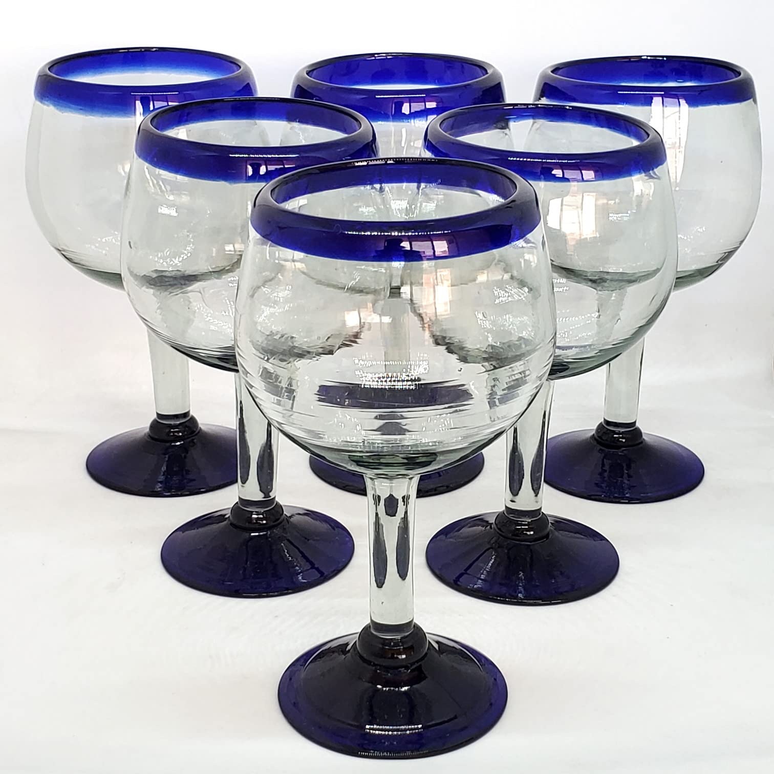 Premium Cobalt Blue Rim 15oz Balloon Wine Glasses Set of 6 - Recycled Lead-Free & Toxin-Free Glassware for Parties, Weddings & Home Decor