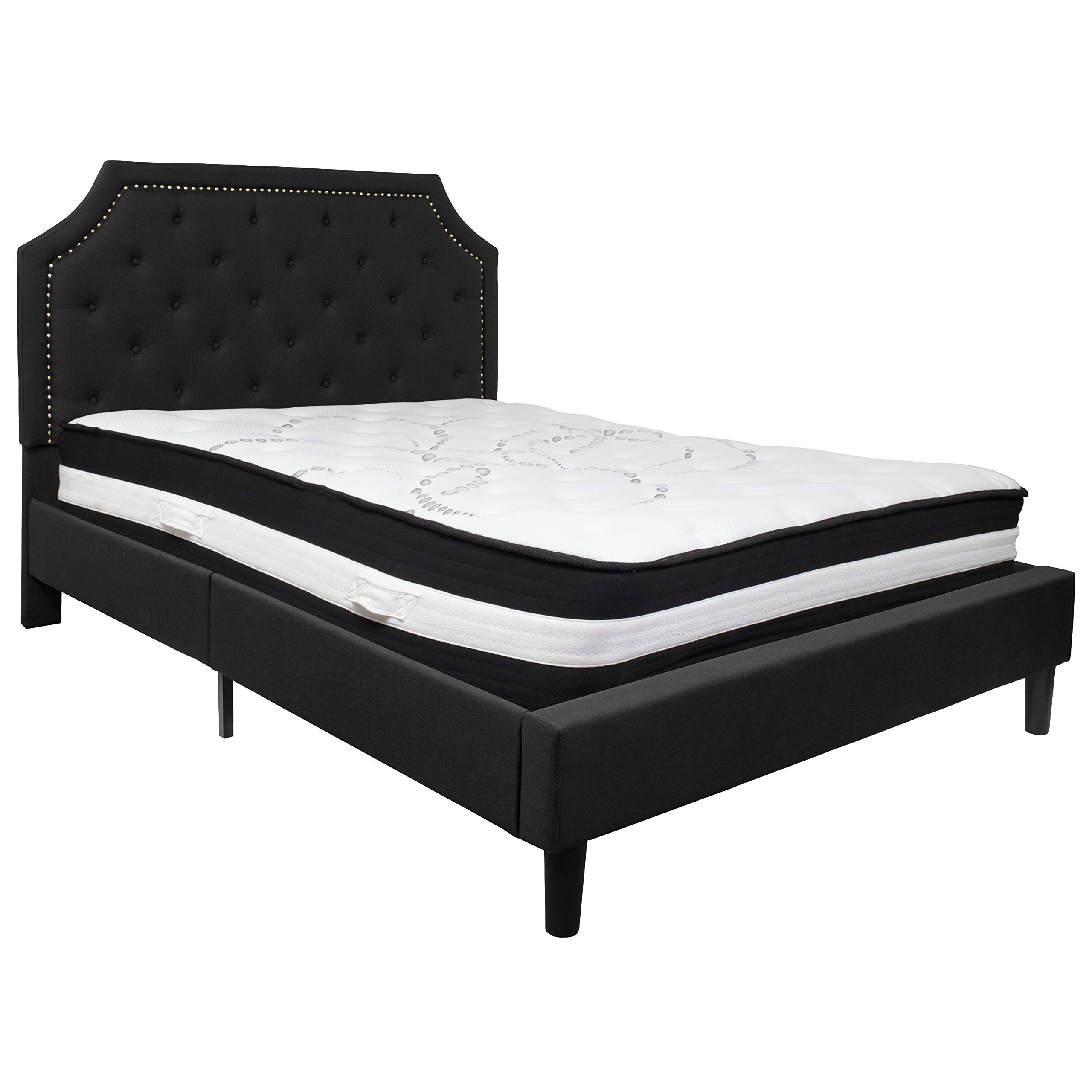 Flash Furniture Brighton Queen Size Tufted Upholstered Platform Bed with Pocket Spring Mattress - Black Fabric Bed Frame for Master Bedroom & Guest Room