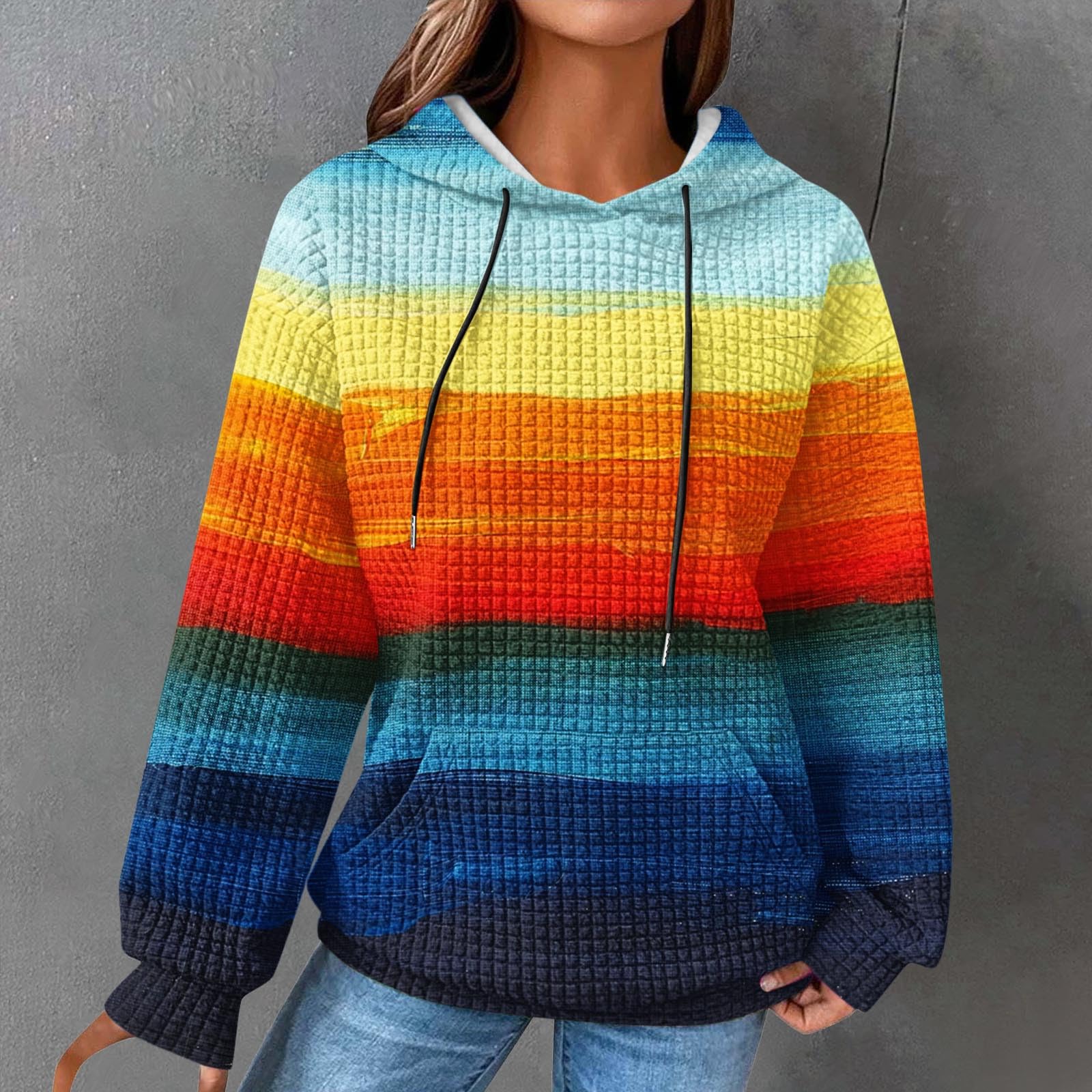 Women's Waffle Hoodie - Multicolor Comfortable Casual Pullover Sweatshirt with Pocket | Loose Fit Trendy Tops for Lounge, Streetwear & Everyday Wear