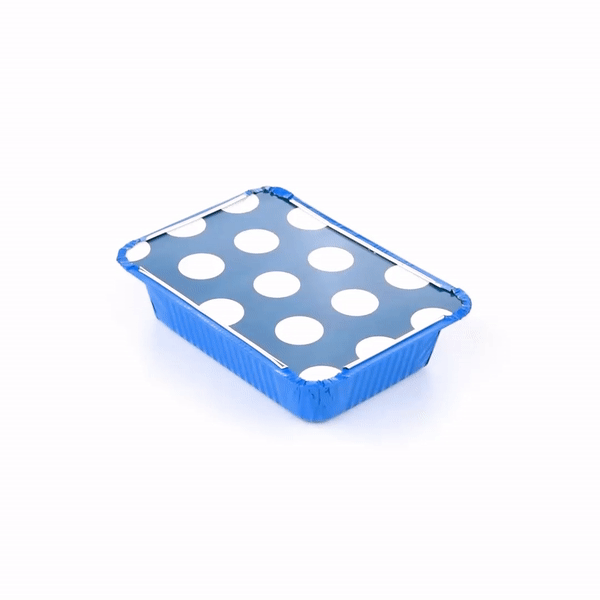 16 oz Rectangle Blue Aluminum Take Out Food Containers with Polka Dot Paper Lids (7.25