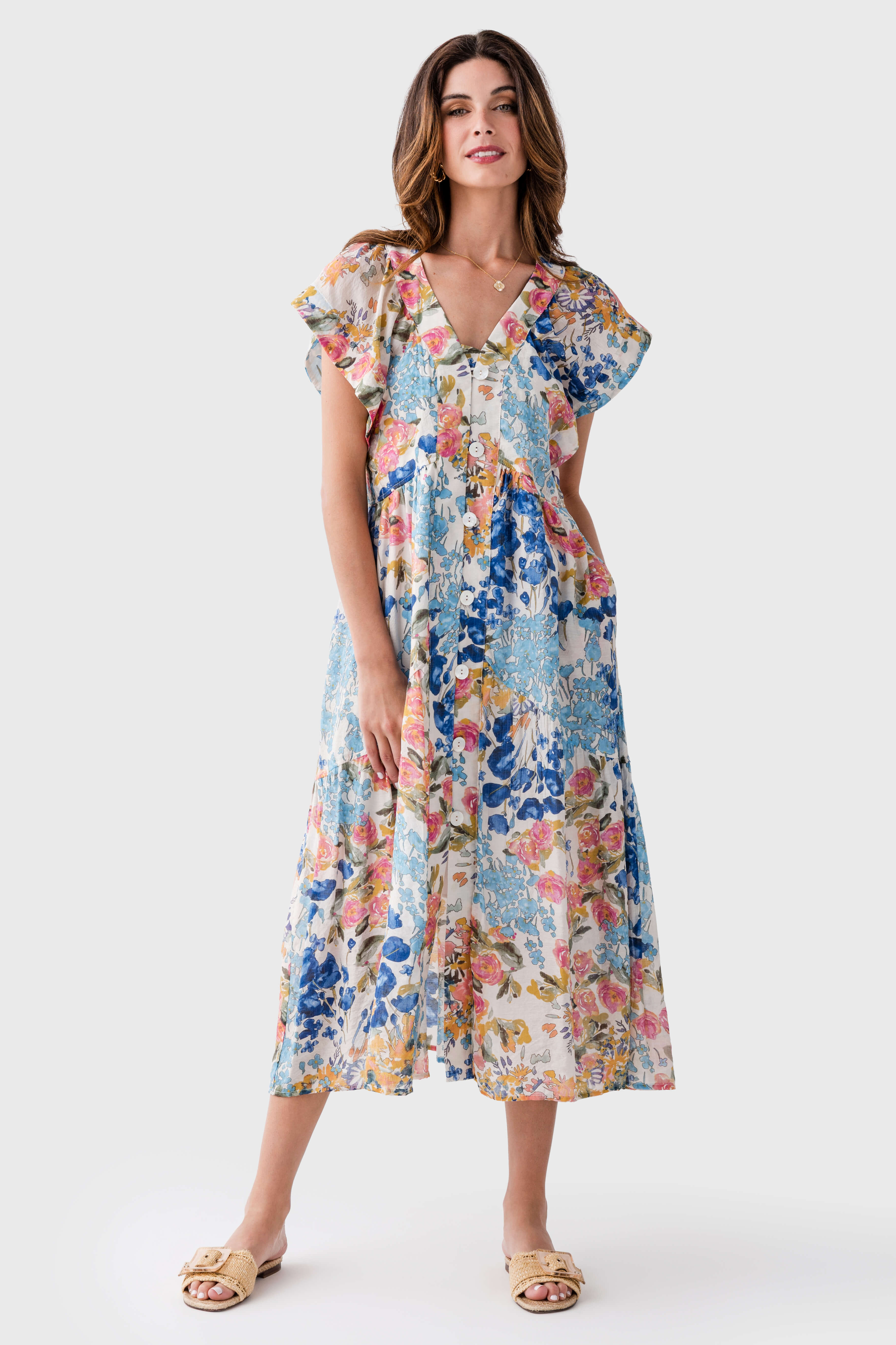 THML Floral Print Maxi Dress - Women's Summer Boho Long Dress with Patch Design for Beach, Vacation & Casual Wear