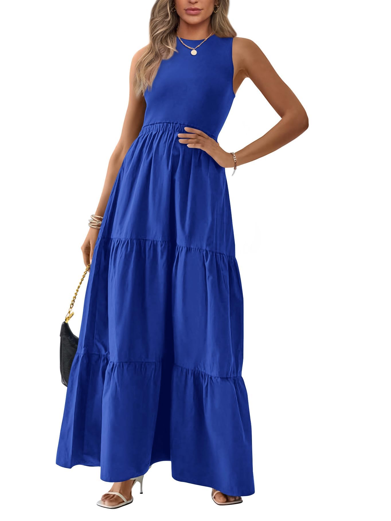 BTFBM Women's Sleeveless Summer Dress - Elegant Wedding Guest Maxi Dress with Ribbed Knit Top & Polyester Skirt with Pockets | Perfect for Beach Vacations, Garden Parties & Casual Outings