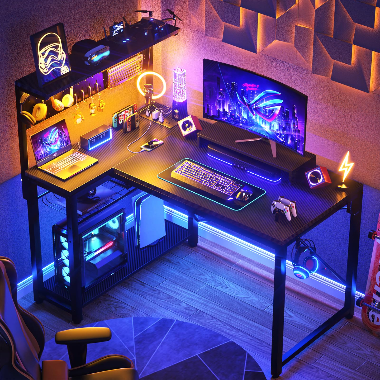 Homieasy 43 Inch L-Shaped Gaming Desk with Power Outlets, LED Light & Pegboard - Carbon Fiber Black Computer Corner Desk with Monitor Stand, Storage Shelves & Headset Hooks - Perfect for Small Spaces, Home Office & Gaming Setup