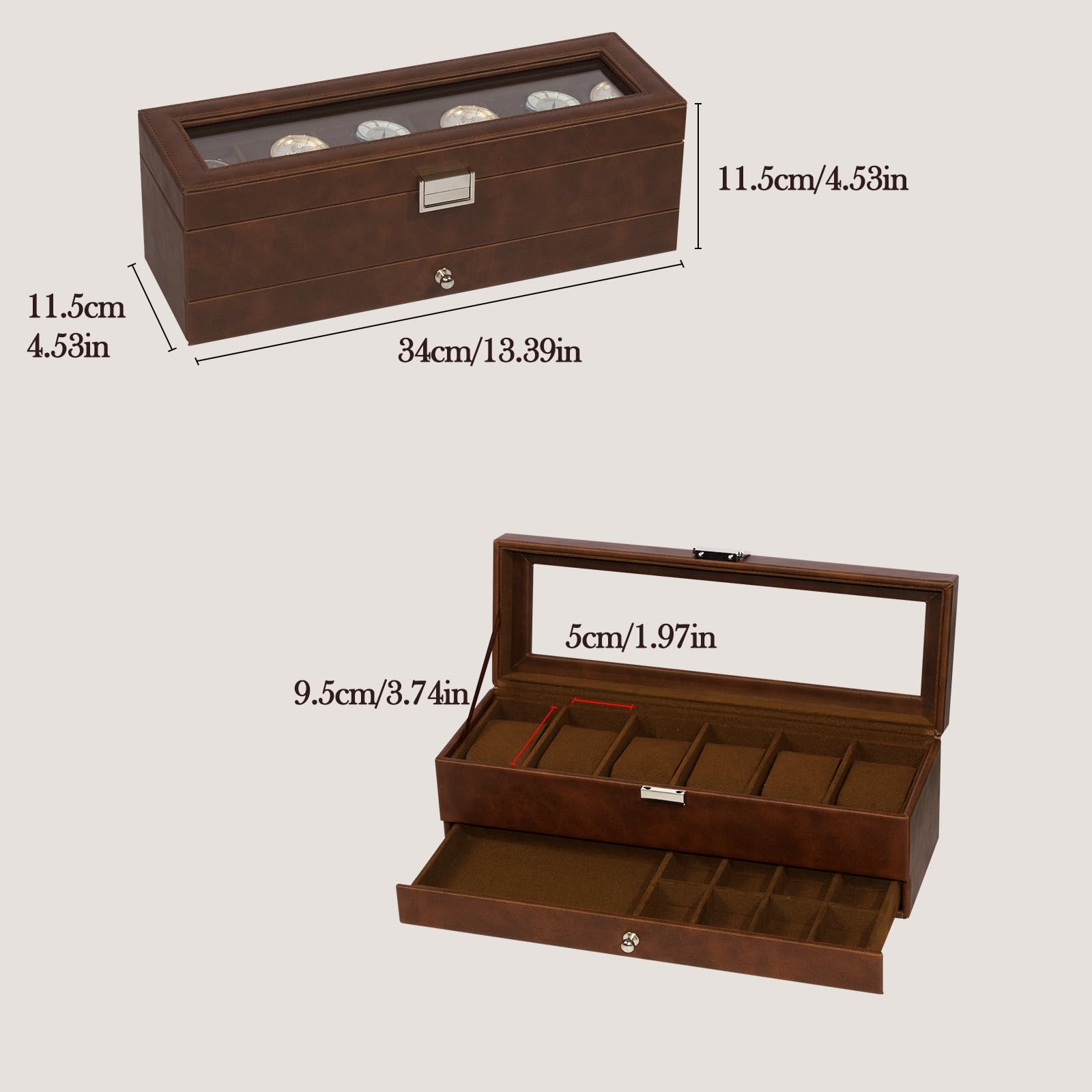Premium 6-Compartment Watch Box with Glass Lid & Drawers - 2-Tier Jewelry & Watch Organizer for Men & Women - Perfect for Display, Storage & Travel