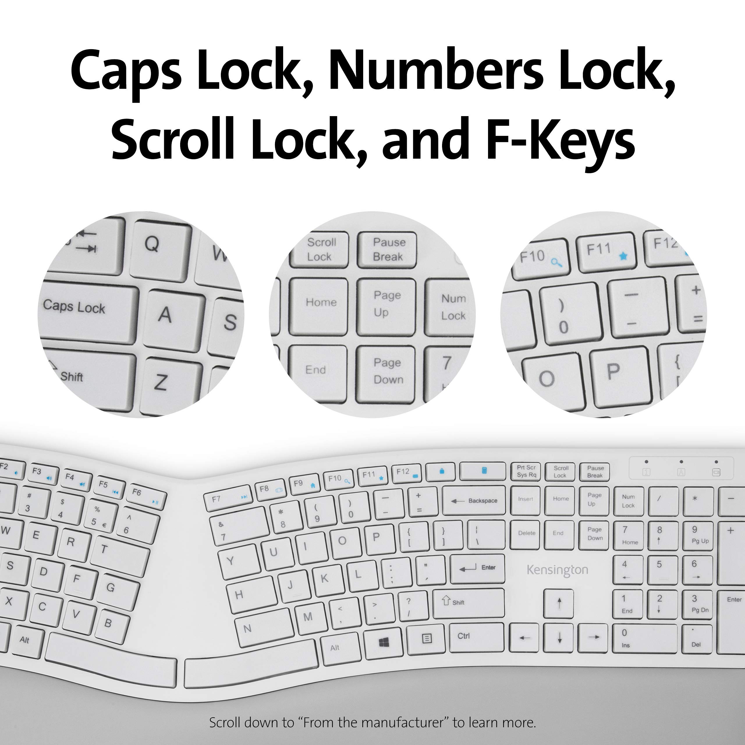 Kensington Pro Fit Ergonomic Wireless Split Keyboard - Full Size with Built-in Wrist Rest, Low Profile Quiet Keys, Spill-Proof Design, Bluetooth & 2.4GHz Connectivity (Grey K75402US) - Perfect for Office, Home & Remote Work Comfort