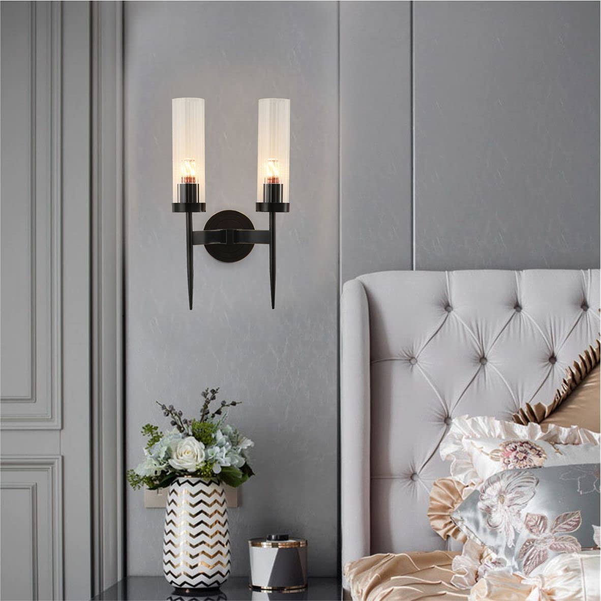 BOKT Modern 2-Light Matte Black Metal Vanity Light Fixture with Clear Crystal Glass - Wireless Wall Sconce for Bedroom, Bathroom & Living Room - Mid Century Style Wall Mounted Lighting for Home Decor