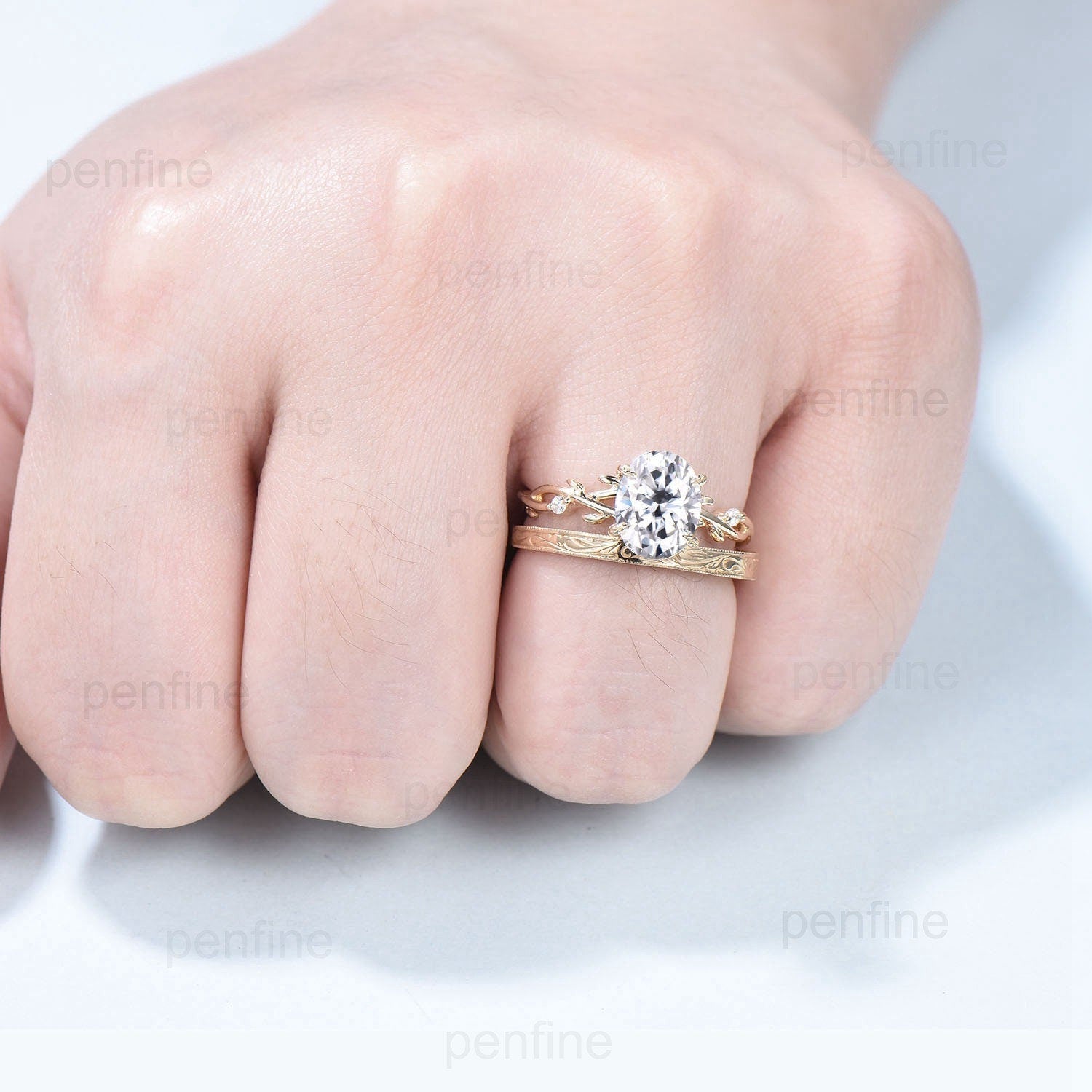 2 Carat Oval Moissanite Engagement Ring Set with Twig Leaf Wedding Band - 14K Yellow Gold Filigree Milgrain Edge Stacking Ring for Women | Unique Bridal Jewelry, Anniversary Gift, Proposal Present