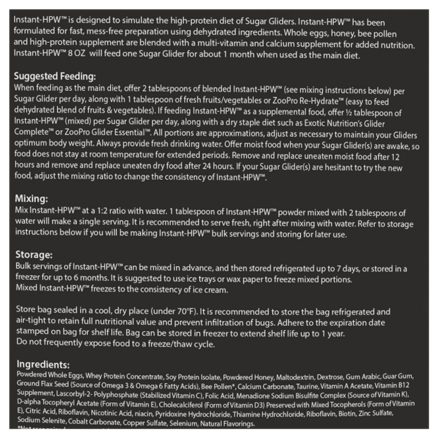 Original HPW Instant Sugar Glider Food - Complete Nutrition Diet for Pet Sugar Gliders - Perfect for Daily Feeding & Treats at Home or Travel