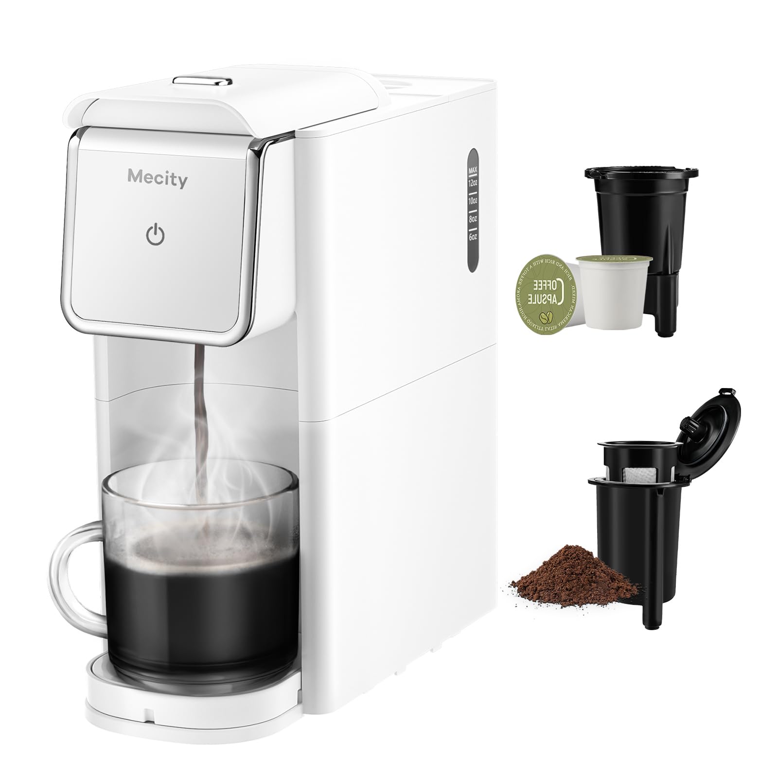 Mecity Mini Single Serve Coffee Machine - Compatible with K-Cup Capsules, Ground Coffee & Loose Tea - 1000W Compact Coffee Maker for Home, RV, Apartment - Auto Shut Off, 120V, White - Perfect for Small Kitchens, Office Desks & Travel