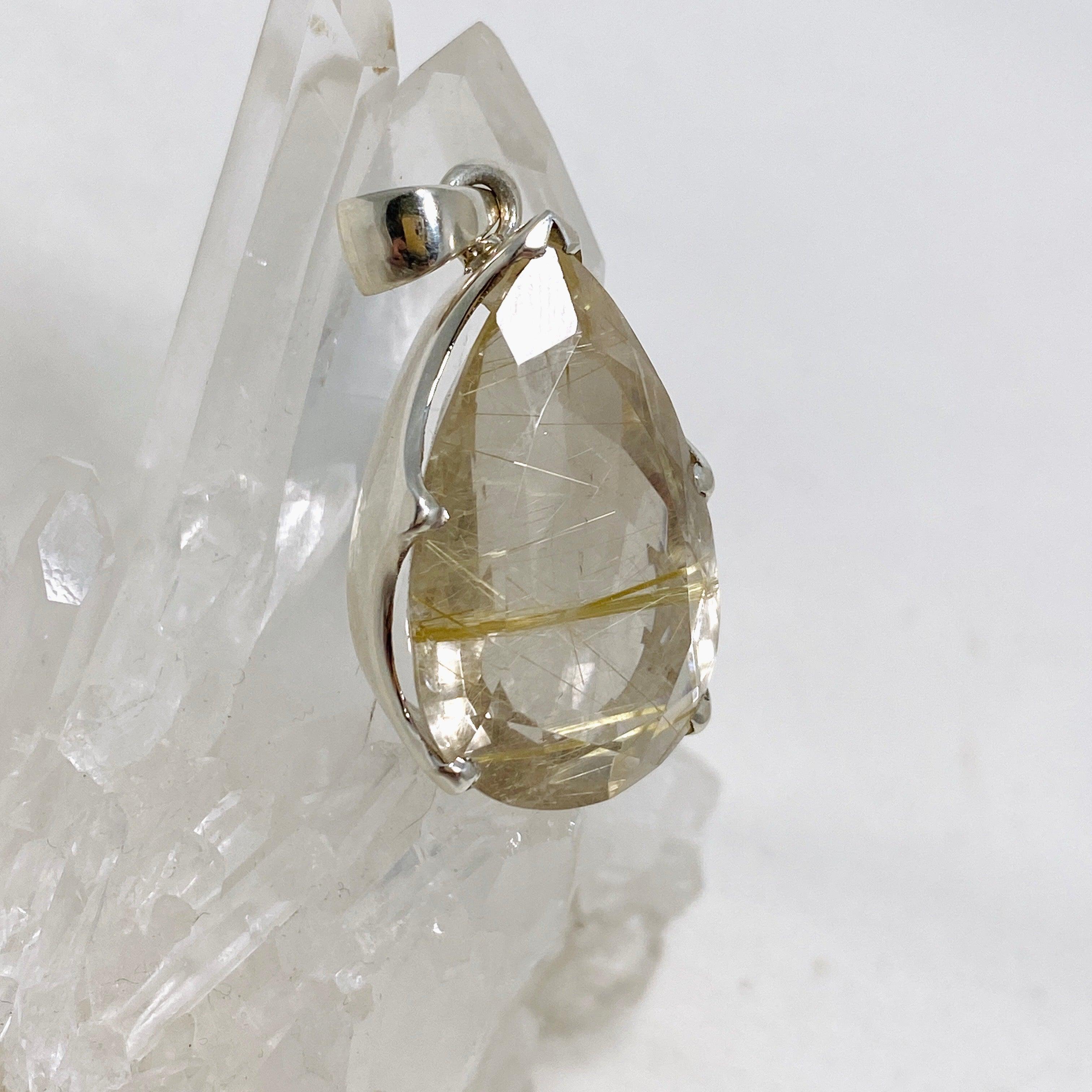Natural Rutilated Quartz Faceted Teardrop Pendant Necklace - Elegant Golden Needle Inclusions - Perfect for Spiritual Healing, Meditation & Boho Jewelry Collection