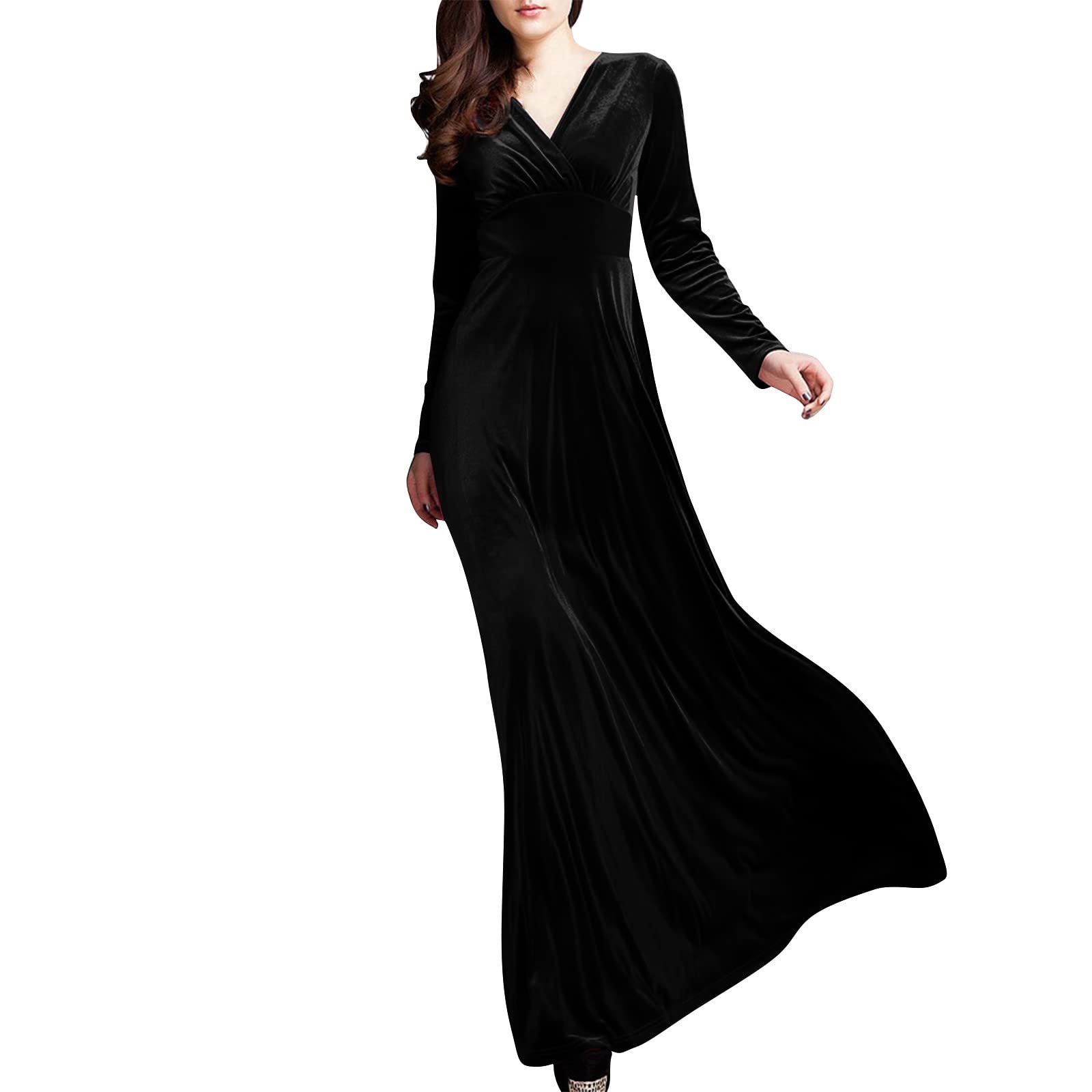 HAOREEKZ Women's Gold Velvet V-Neck Long Sleeve Party Dress for Wedding Guest - Autumn Winter Formal Evening Gown | Perfect for Holiday Parties, Cocktail Events & Special Occasions