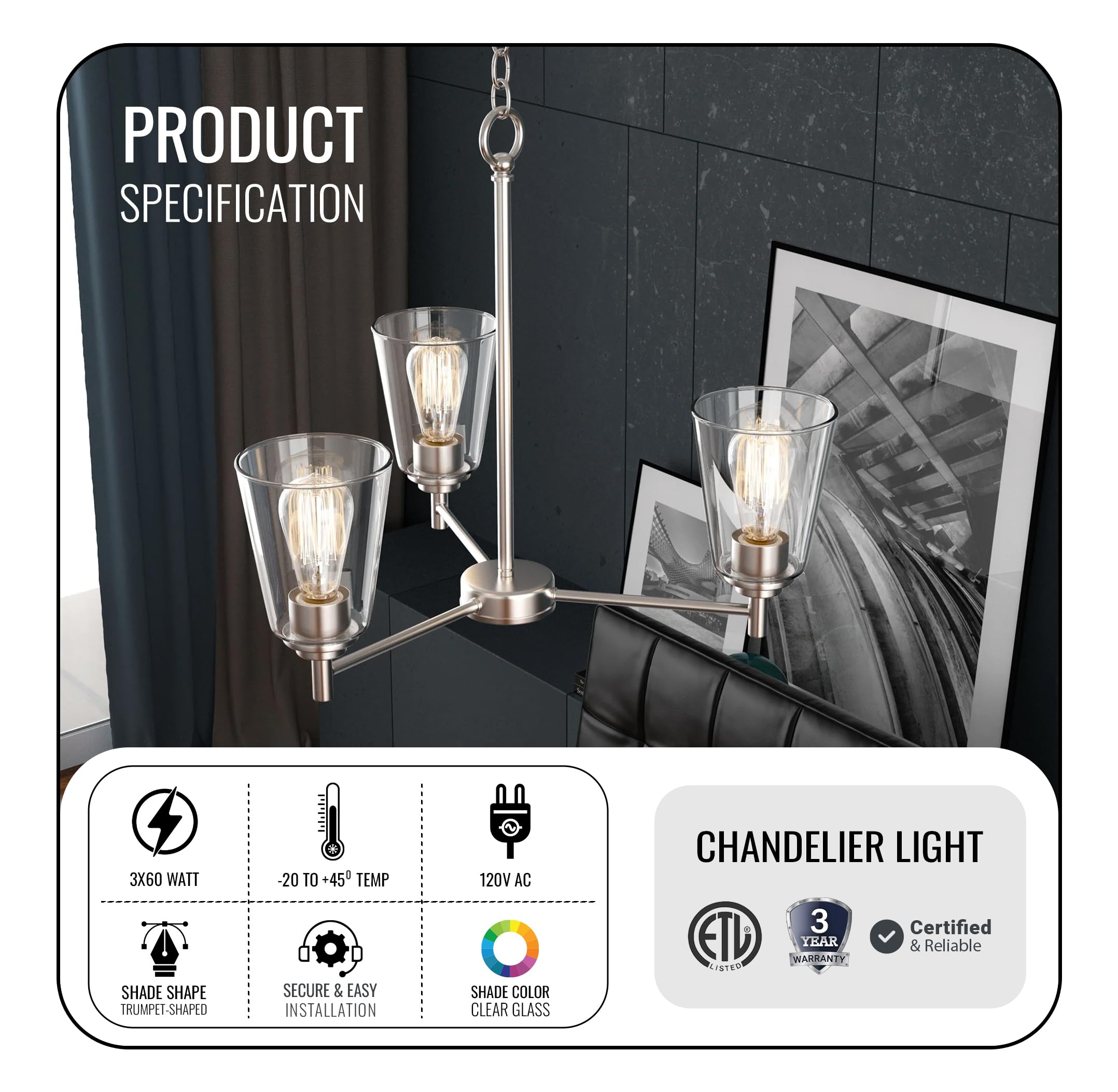 LEDMyplace 3-Lights Flared Island Chandelier - Clear Glass Shade, Brushed Nickel Finish, E26 Base - Modern Ceiling Pendant Light for Kitchen Island, Dining Room, Farmhouse Decor (Bulb Not Included) | Perfect for Home, Restaurant, and Cafe Lighting