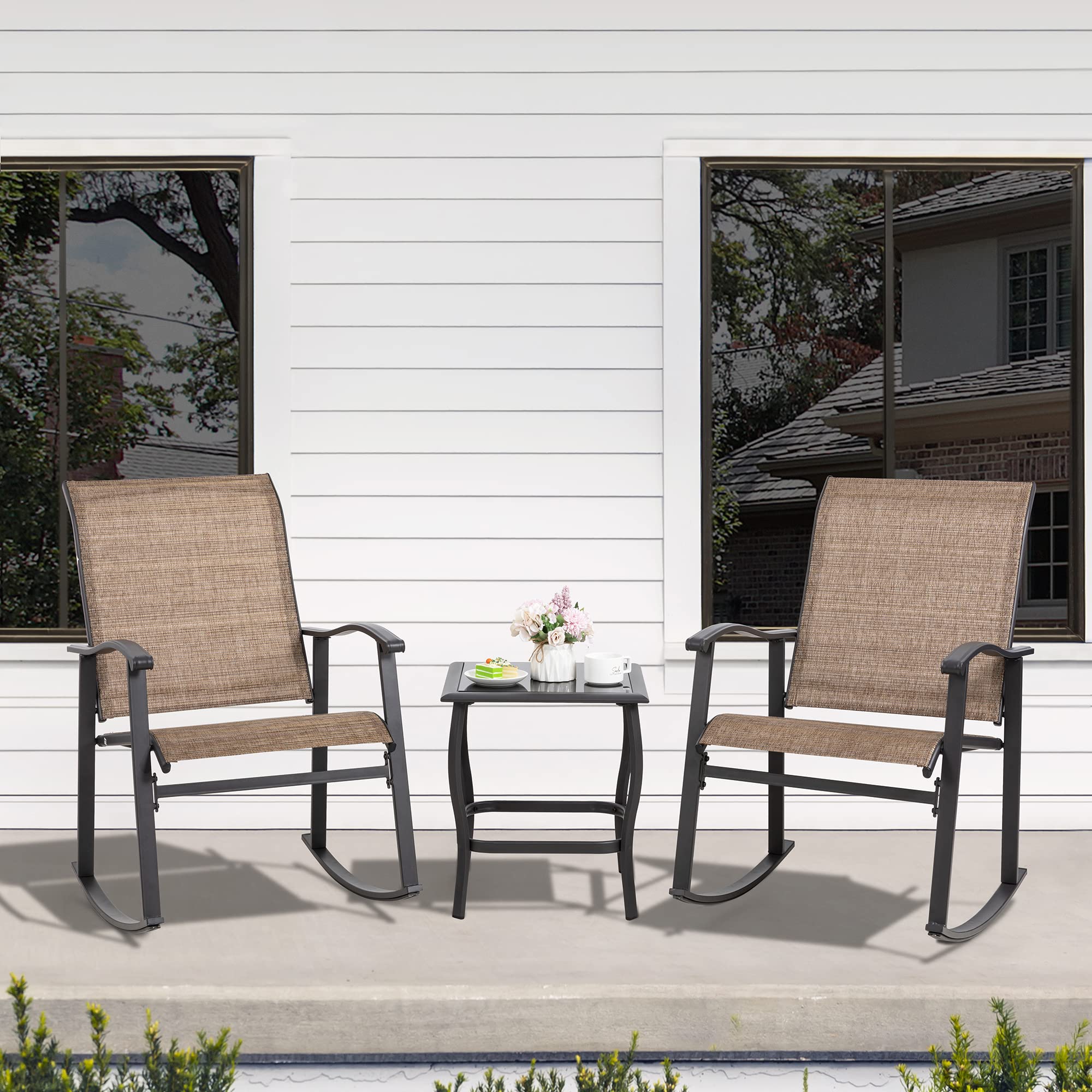 Shintenchi 3-Piece Outdoor Rocking Bistro Set with Rocker Chairs & Glass Coffee Table - Brown Patio Furniture for Small Spaces, Balcony & Porch - Perfect for Relaxing, Entertaining & Enjoying Morning Coffee