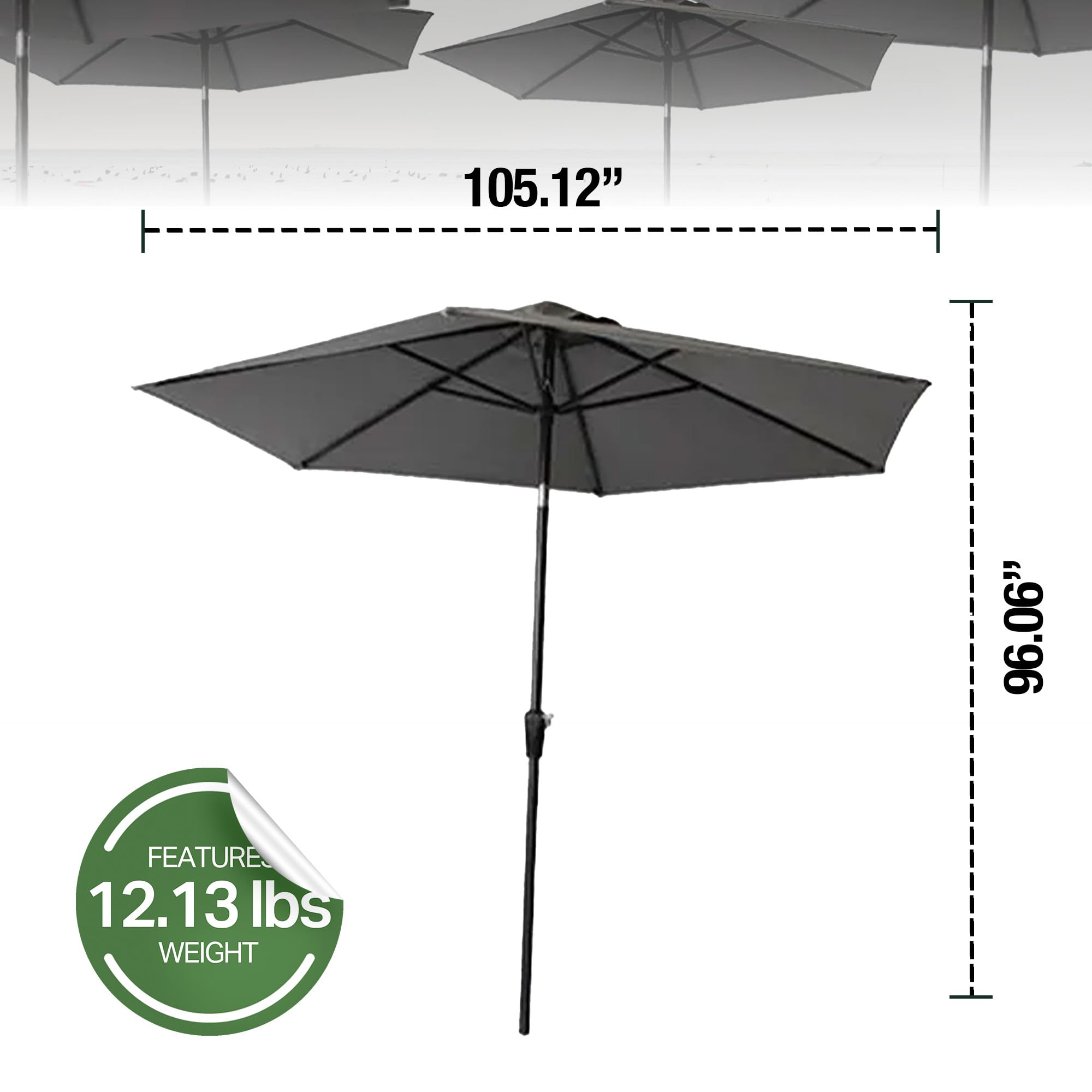 9 Foot Campton Hills Market Umbrella - Round Sling Fabric Outdoor Patio Umbrella with Auto Crank & Tilt - Gray/Brown Shade Canopy for Backyard, Poolside, and Garden Relaxation