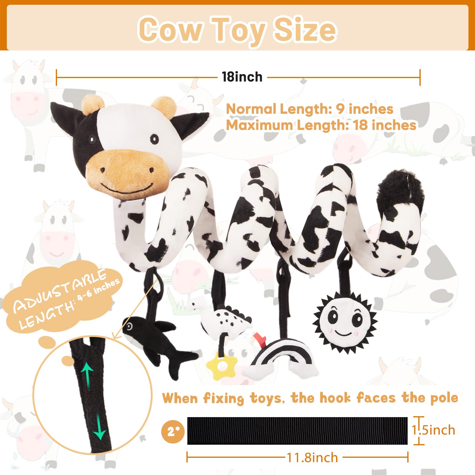Soft Spiral Car Seat Toys for Babies 0-6 Months - Cute Cow Stroller Activity Toy with Rattles, Sun Mirror & Rainbow Cloud - Perfect Infant Car Seat Hanging Toy for Newborn Gifts | Great for Strollers, Car Rides & Playtime