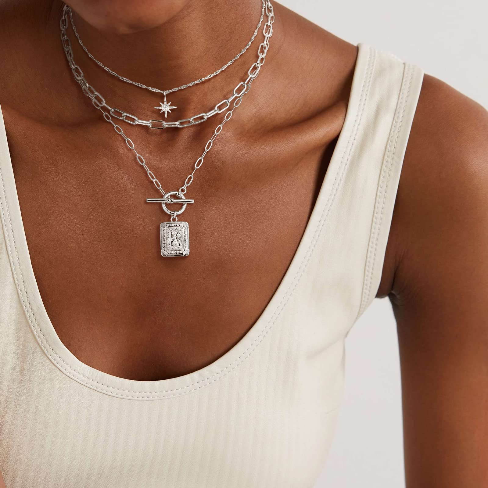 MJartoria 14K Gold Plated Layered Initial Necklace for Women - Trendy Star Choker with Square Letter Pendant & Paperclip Chain - Elegant Gold Necklace Jewelry Gift for Her - Perfect for Everyday Wear, Date Nights & Special Occasions