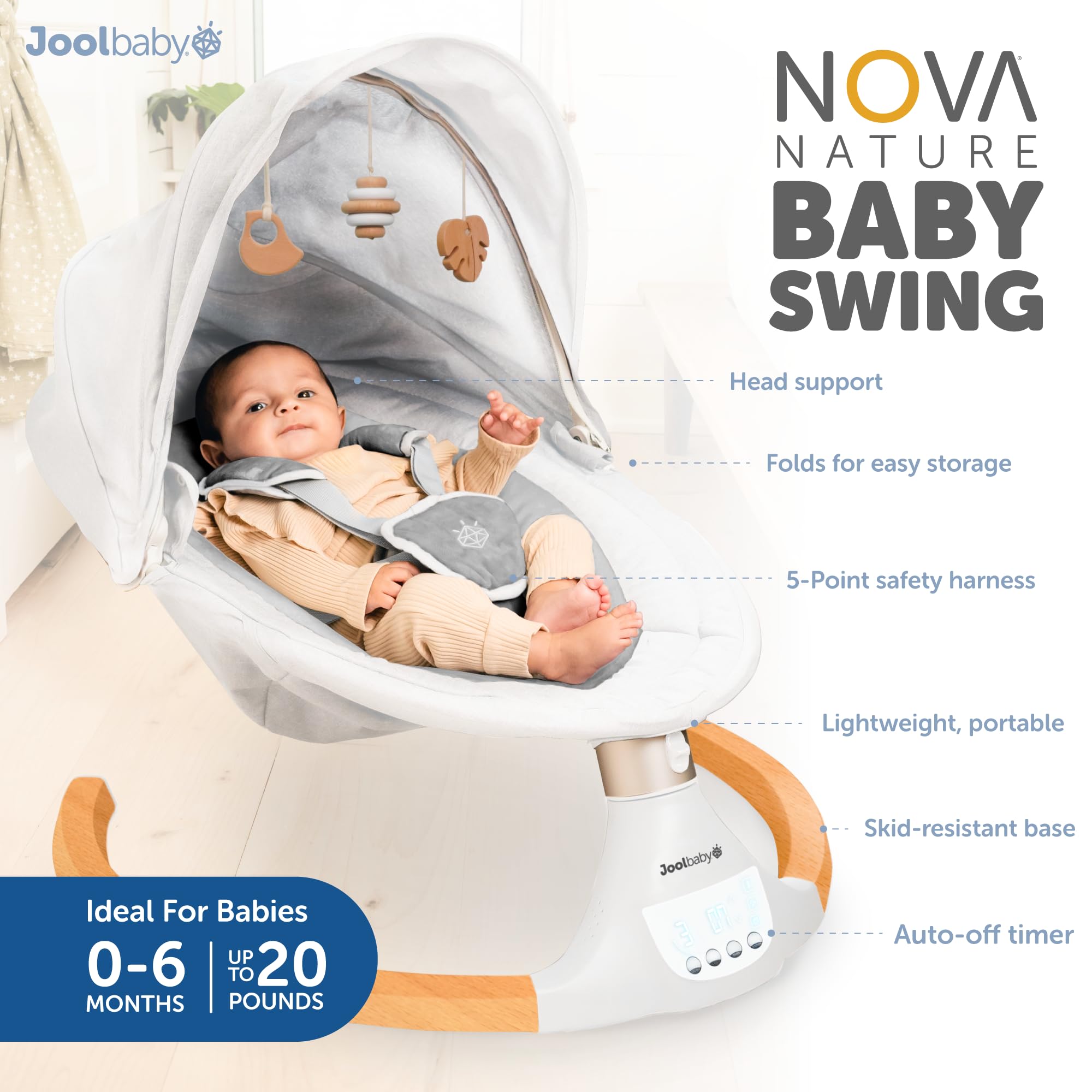 Jool Baby Nova Nature Baby Swing for Newborns - Electric Motorized Infant Swing with Bluetooth Music & Natural Wood Toys | Perfect for Nursery, Playroom & Soothing Fussy Babies