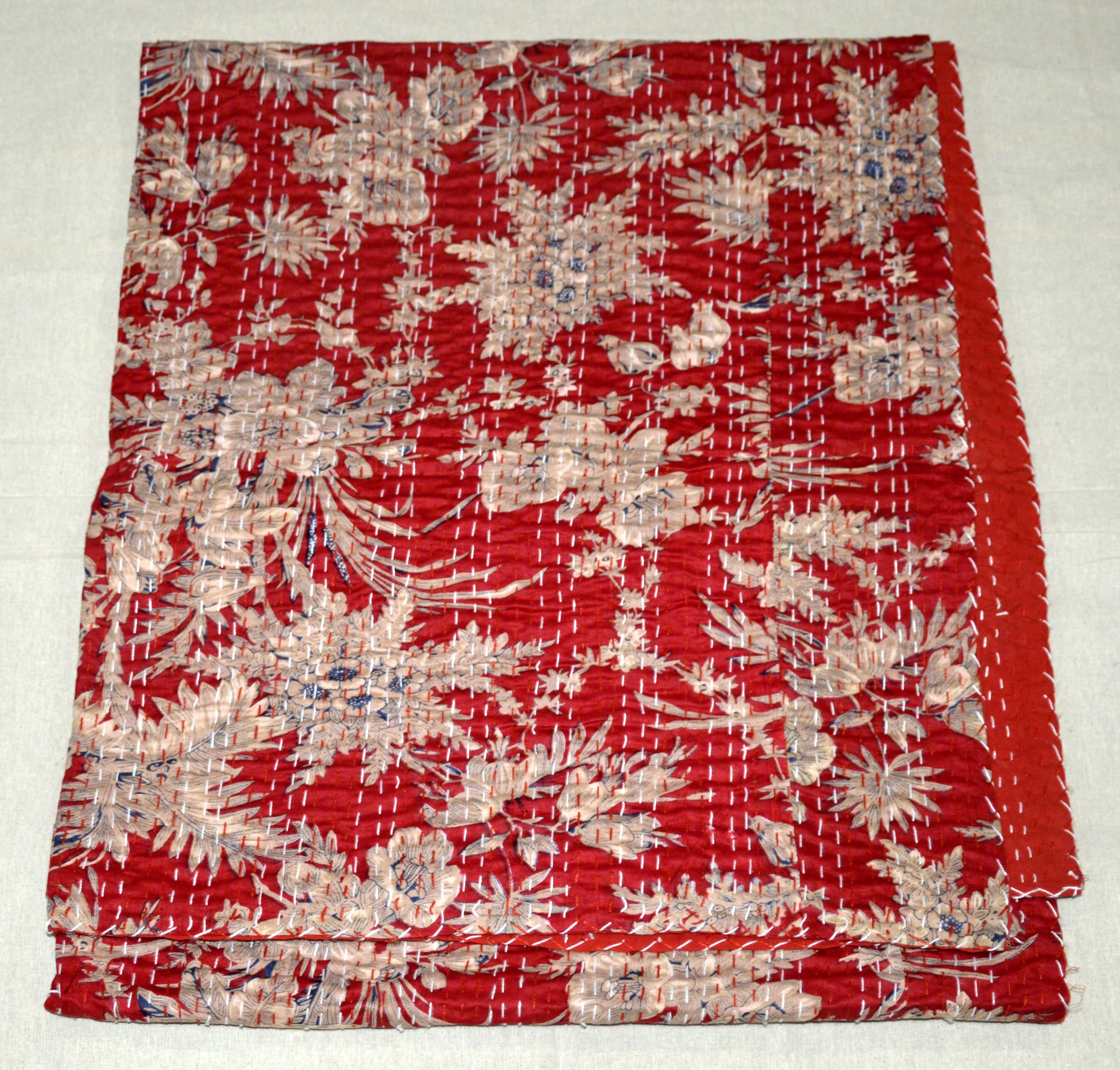 Handmade Cotton Kantha Quilt - Reversible Lightweight Indian Blanket & Boho Throw for Queen Size Bed (Red) - Perfect for Cozy Bedroom Decor, Guest Room Accent, or Boho-Chic Living Room