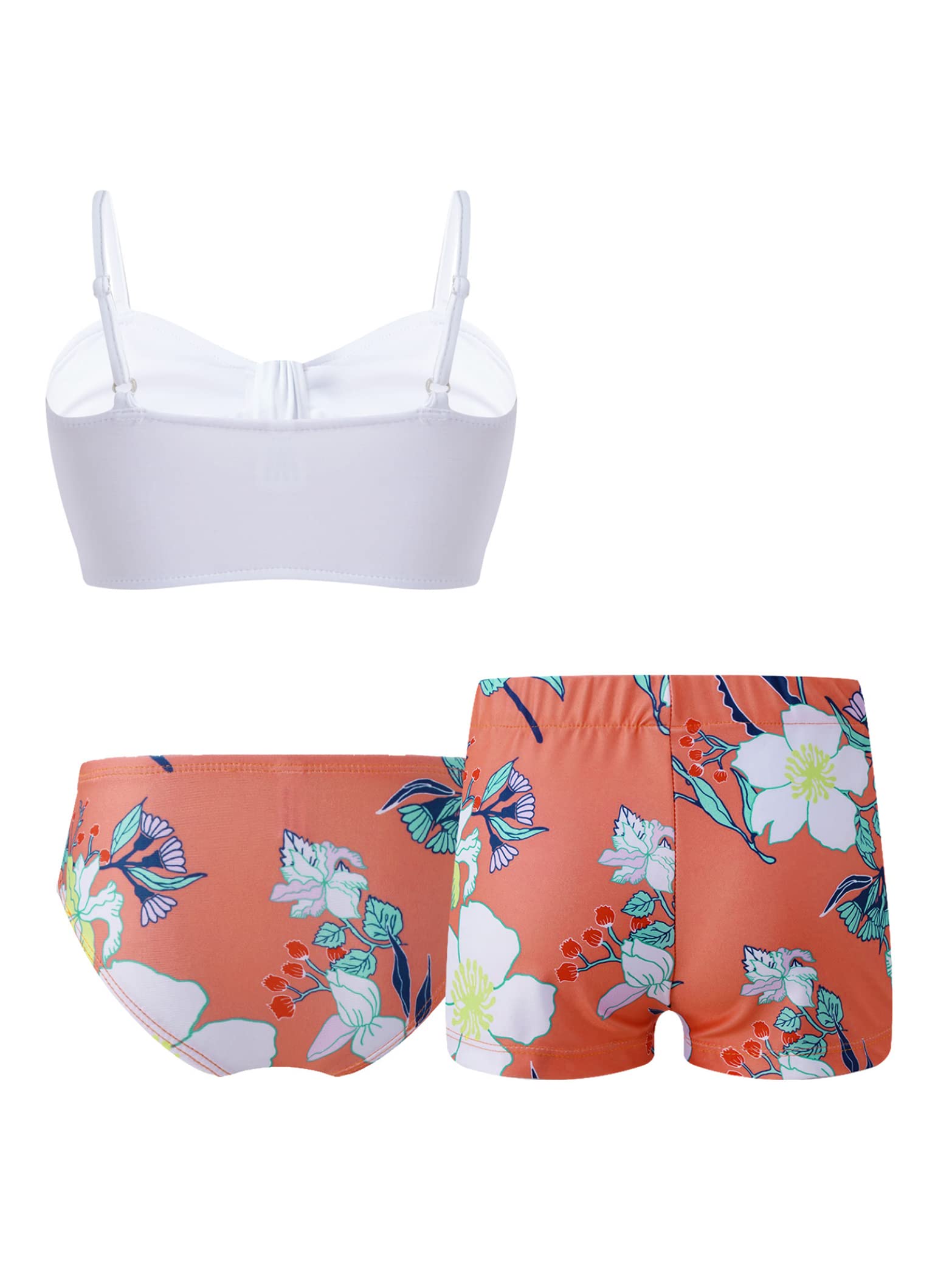 Girls 3-Piece Floral Print Tankini Swimsuits with Boyshorts - Orange Bikini Bathing Suit for 8 Year Olds | Beach, Pool & Summer Water Activities
