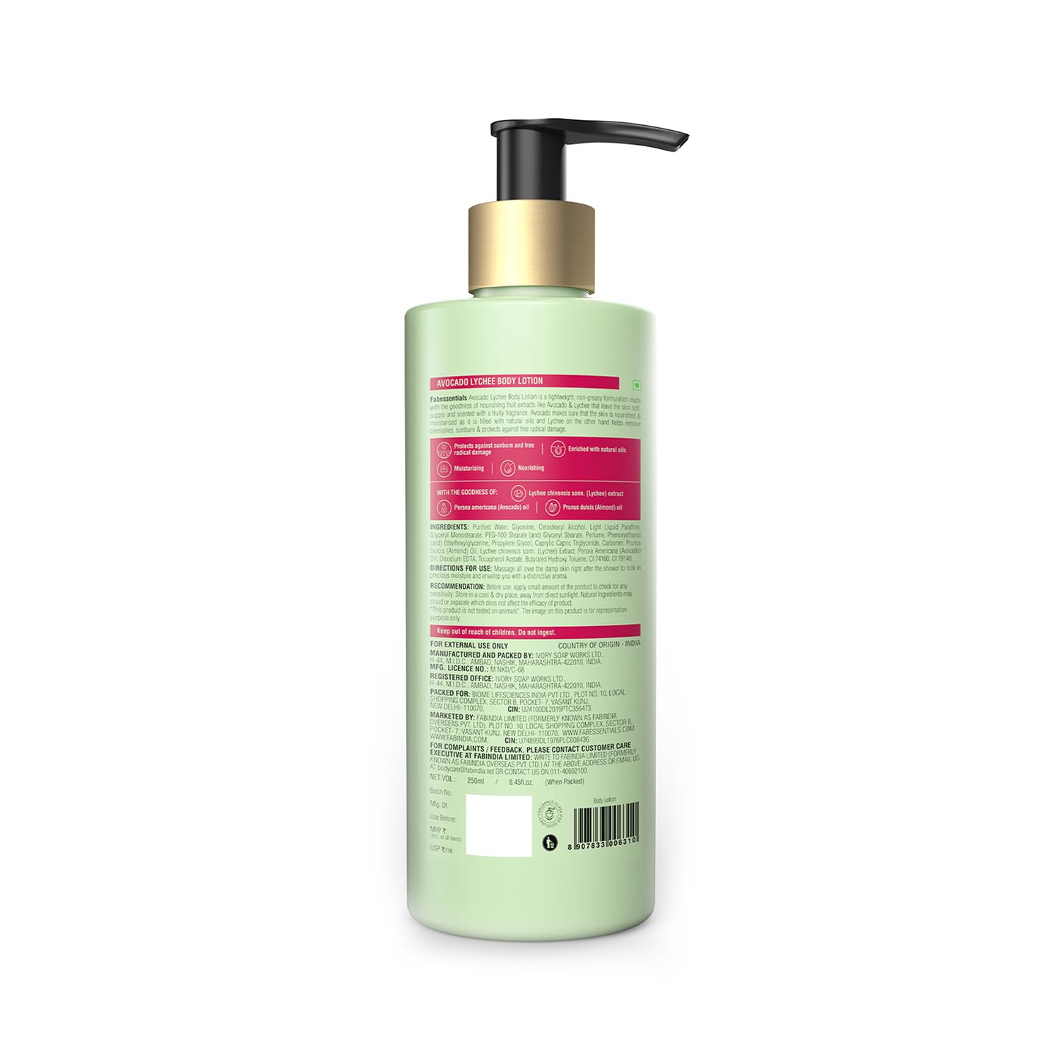 Fabessentials Avocado Lychee Body Lotion 250ml - Hydrating & Detoxifying Moisturizer with Almond Oil | Sun Protection | Non-Greasy Formula for Dry Skin | Perfect for Daily Use, After Sun Care & Spa Treatments