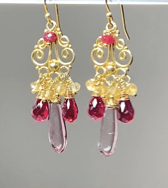 Handmade Red, Pink & Gold Wire Wrapped Earrings for Women - Boho Chic Dangle Earrings for Parties, Weddings & Everyday Wear